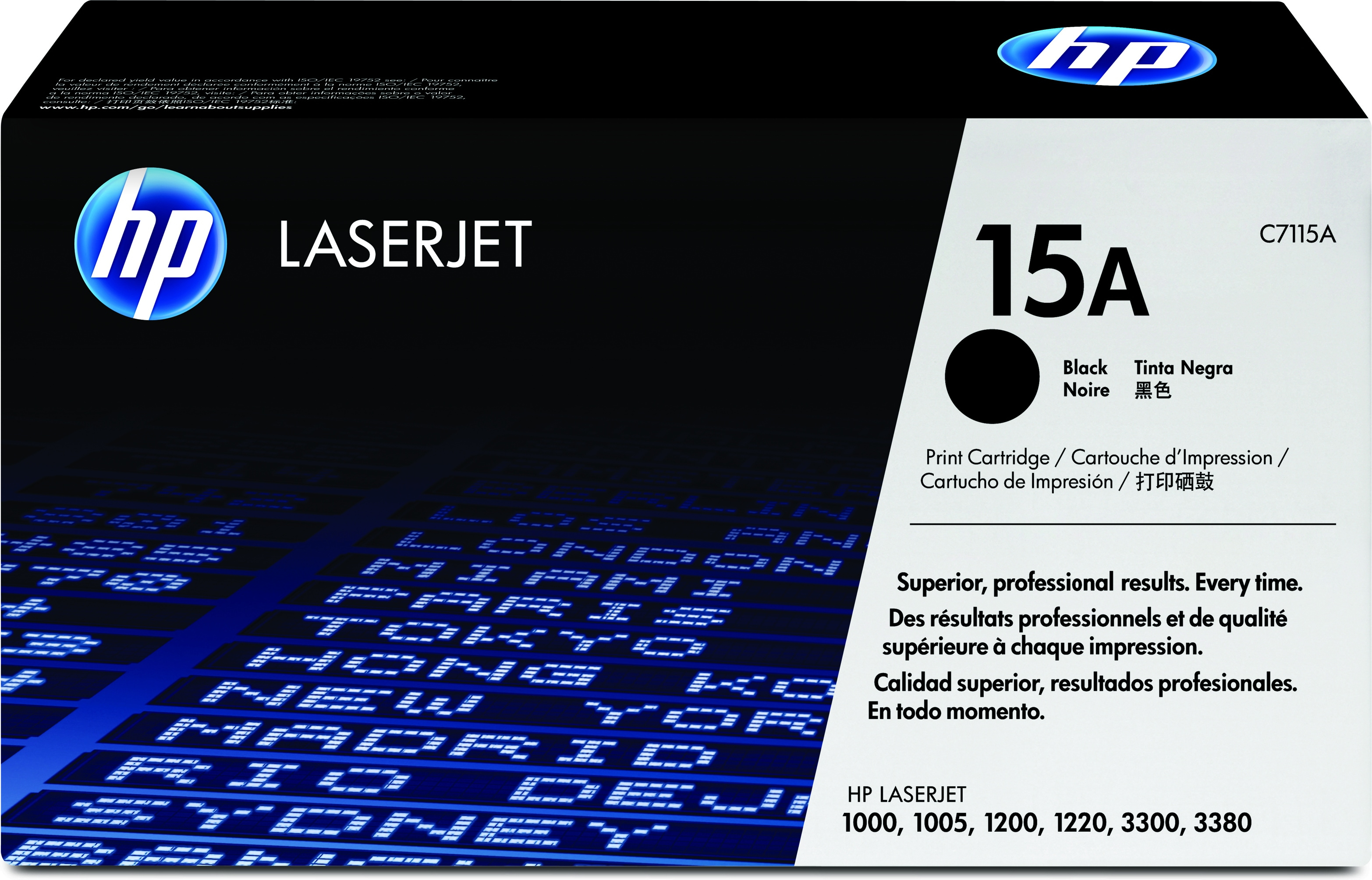 HP LaserJet 15A schwarze Tonerkartuschenbox, schwarz und blau.