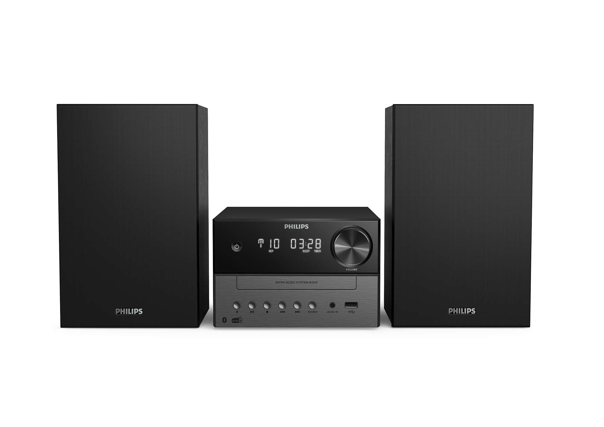 Philips Stereoanlage mit zwei Lautsprechern und einer Zentraleinheit.