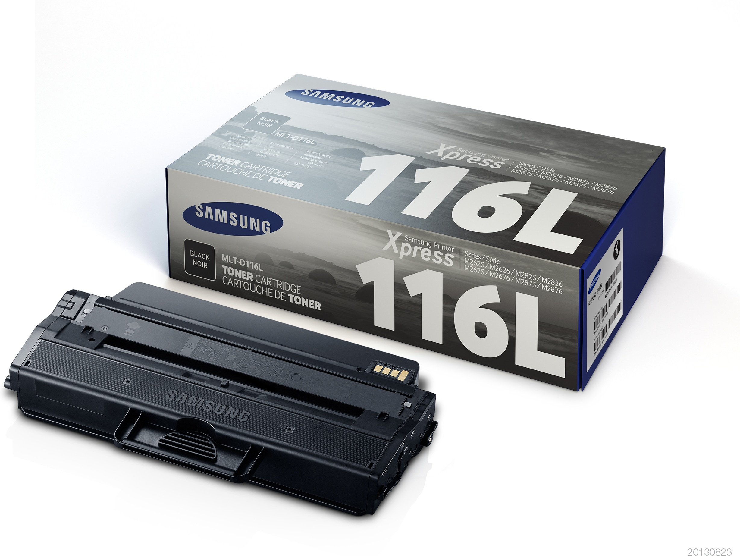 Schwarze Samsung Tonerkartusche und ihre Box. Die Box hat den Text "116L" und "BLACK TONER".