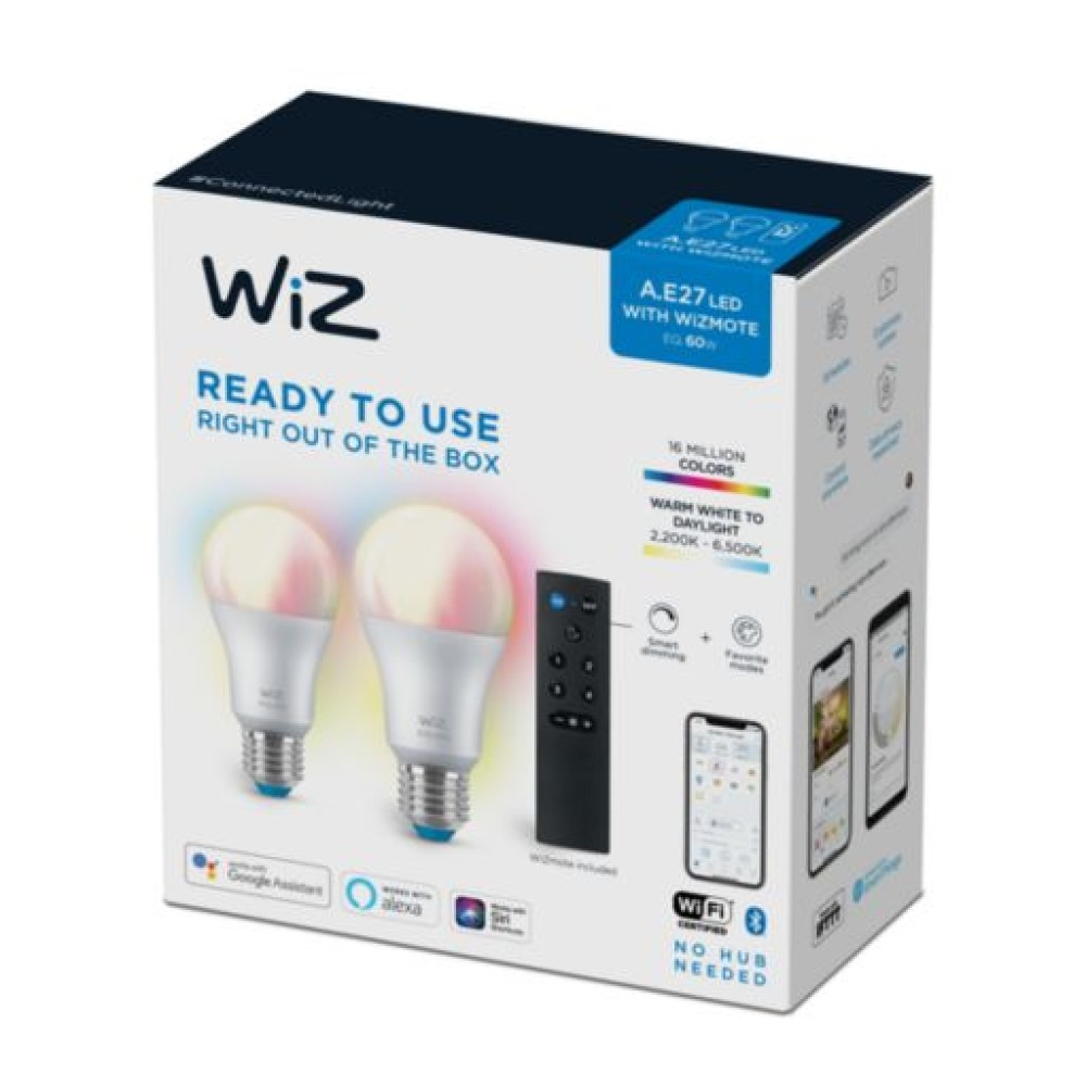 Pack 2 Bombillas Inteligentes - Wiz W-BT A60 60W E2, Luz regulable, WiFi y Bluetooth, Blanco + Mando