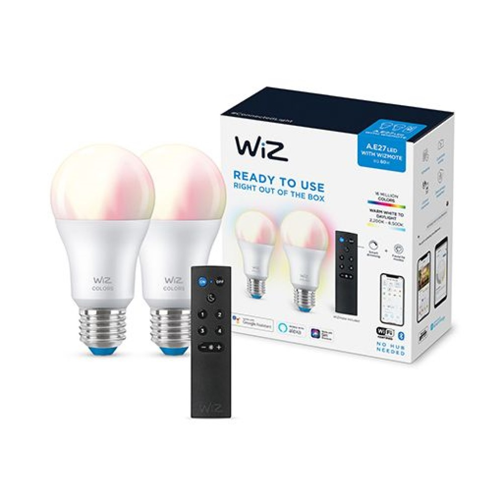 Pack 2 Bombillas Inteligentes - Wiz W-BT A60 60W E2, Luz regulable, WiFi y Bluetooth, Blanco + Mando