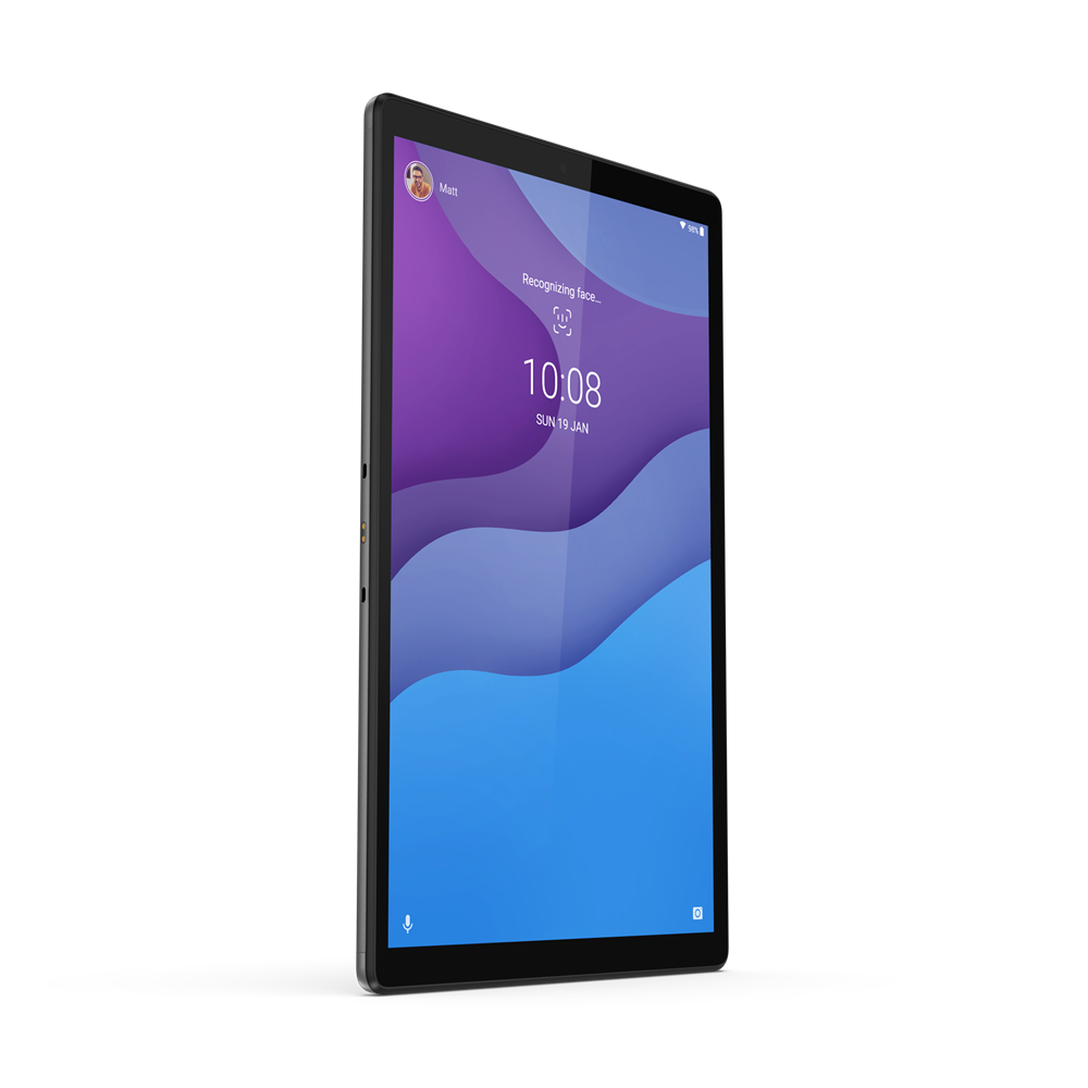 Una tableta muestra una pantalla de bloqueo con la hora, una foto de perfil y un fondo morado y azul.