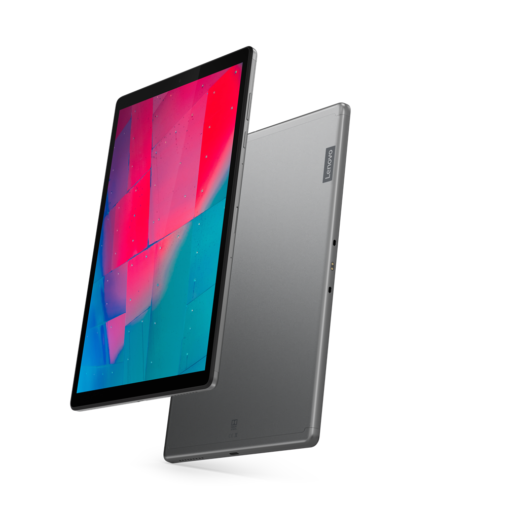 Una tableta gris con una pantalla que muestra un diseño colorido, sobre fondo negro.