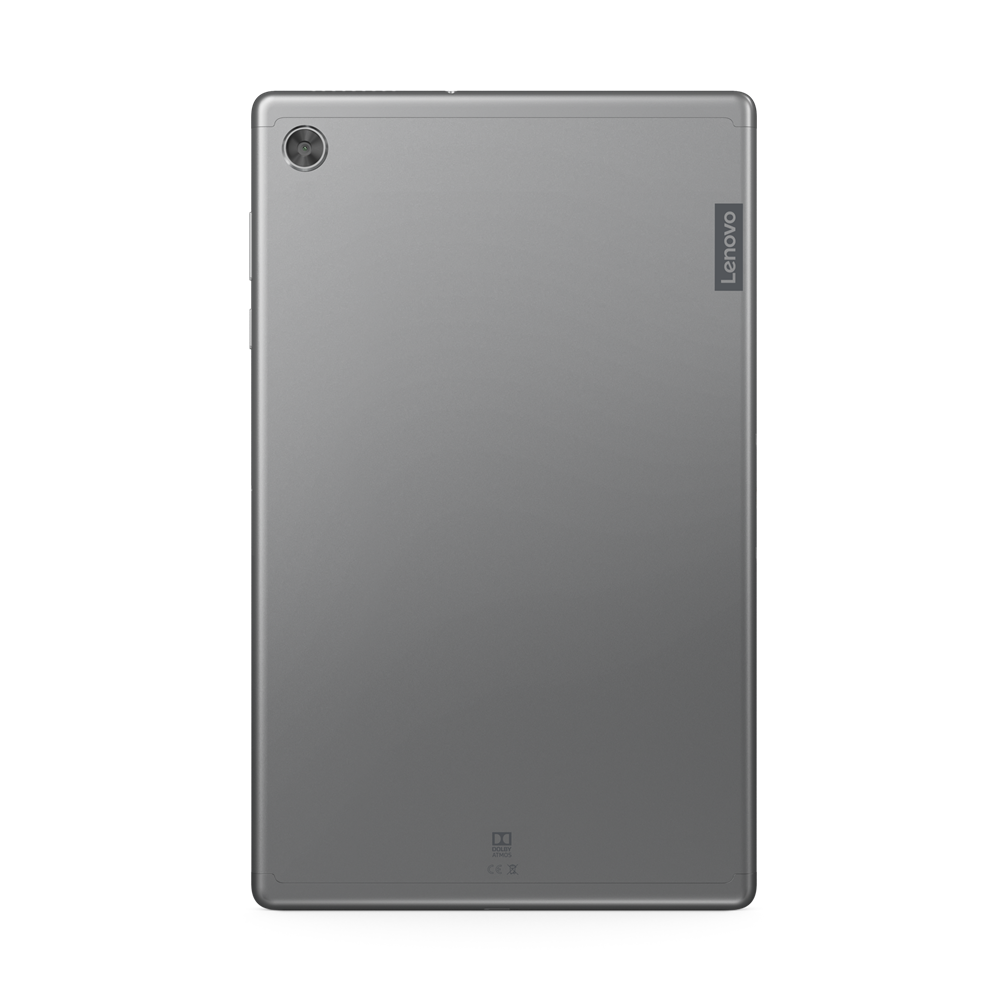 La parte trasera de una tableta gris con una cámara y el logotipo de Lenovo.