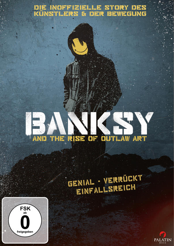 DVD-Cover für Banksy-Dokumentation. Zeigt eine Figur mit Kapuzenpullover und Smiley-Gesicht. Graffiti-Stil.