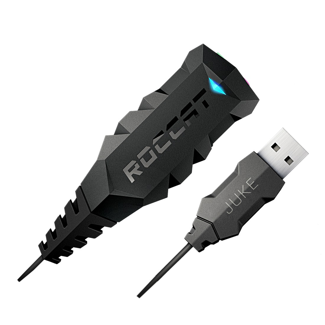 Eine schwarze ROCCAT Juke USB-Soundkarte und -Anschluss.