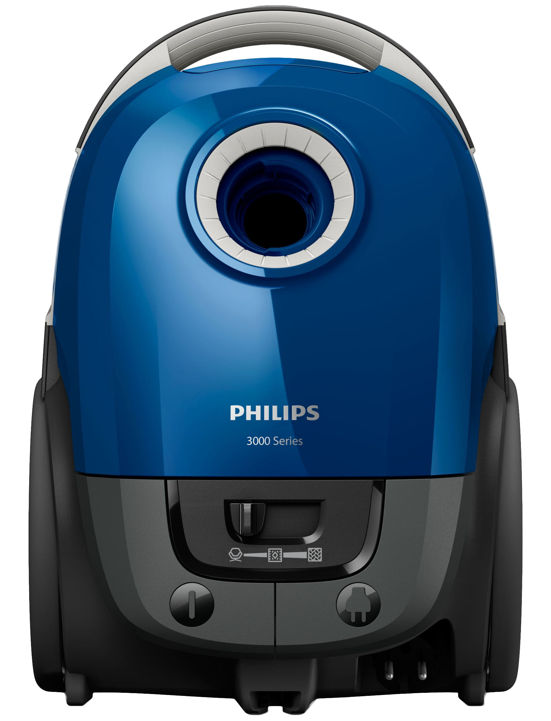 Blau-grauer Philips Staubsauger. Frontansicht. Philips 3000-Serie-Text darauf.