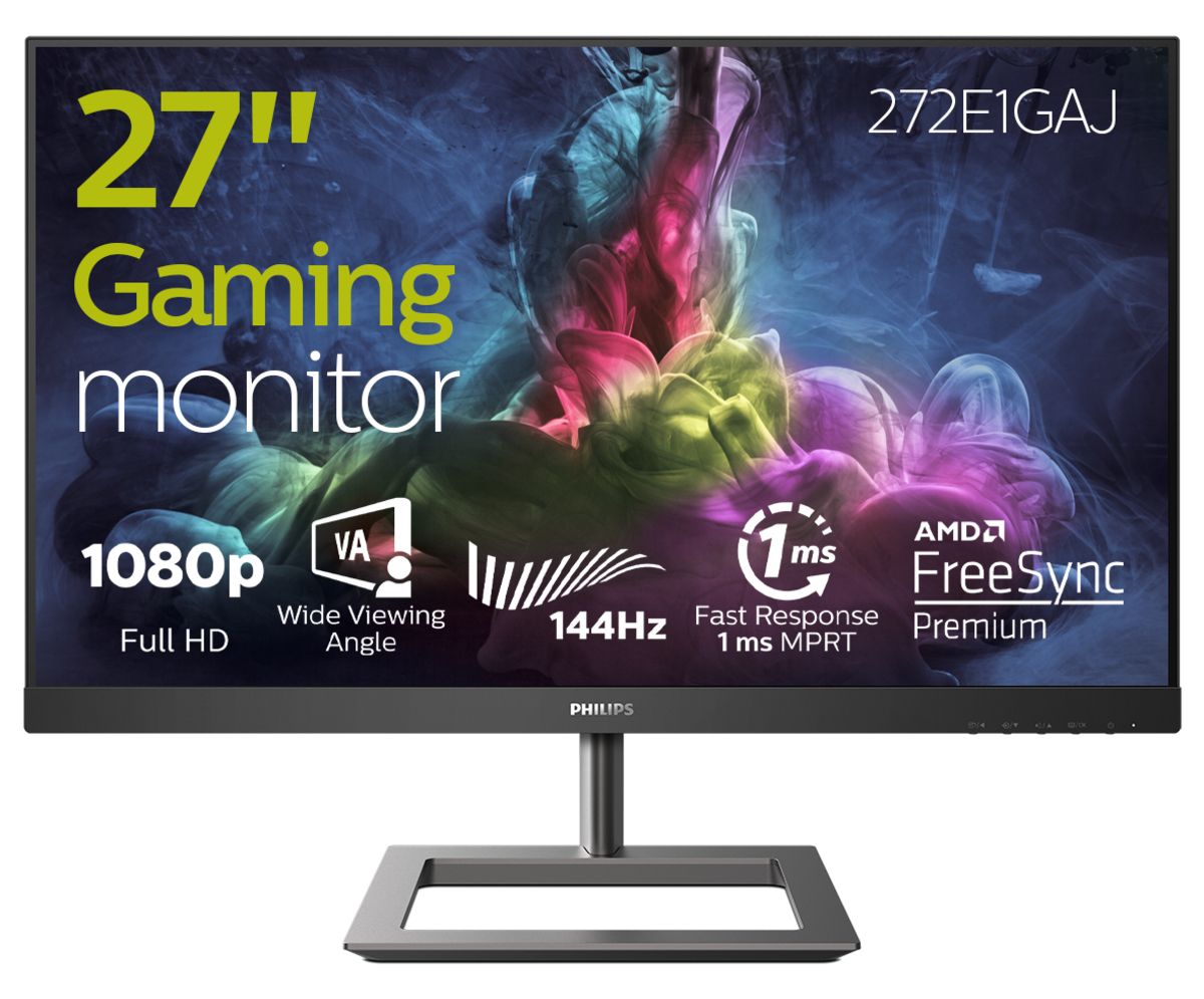 Ein 27-Zoll-Gaming-Monitor mit Text und Grafiken, mit Ständer, vor buntem Hintergrund.