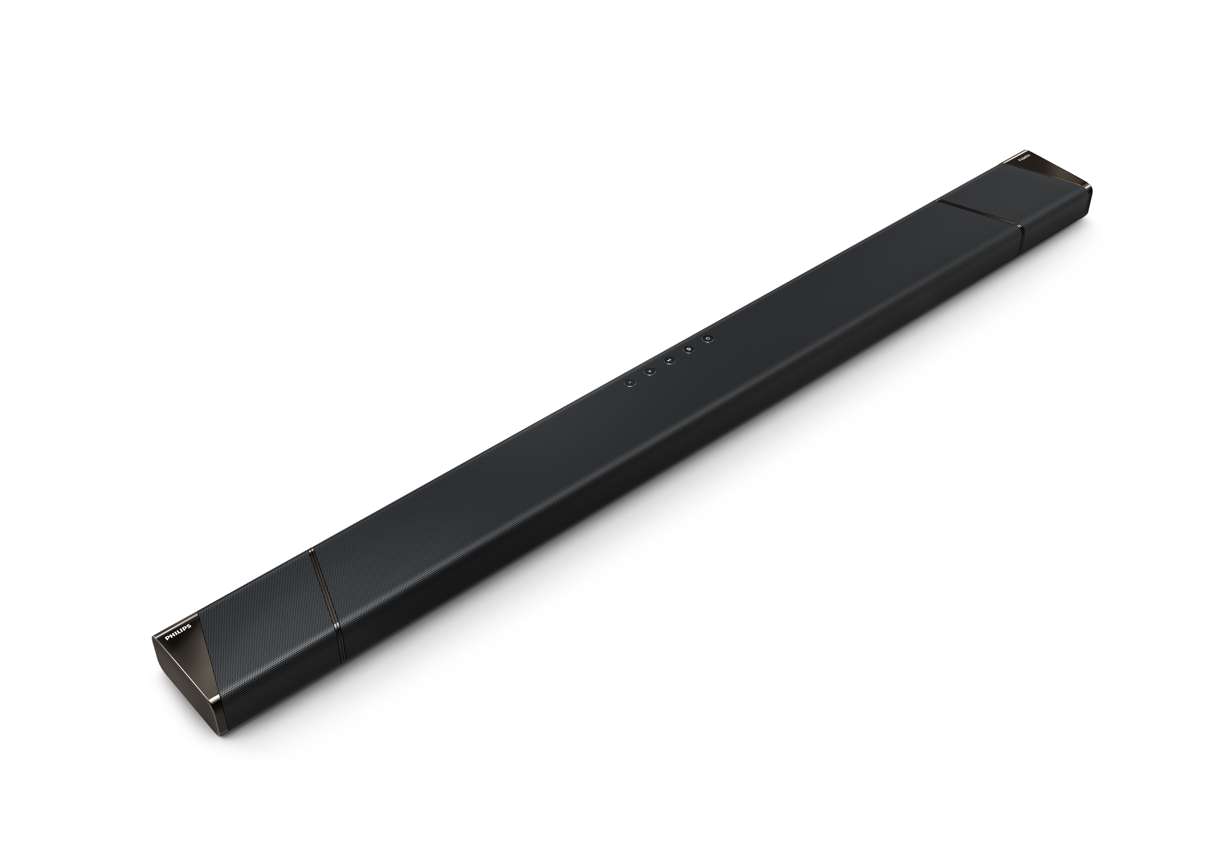 Eine schwarze Soundbar mit einer langen rechteckigen Form und einem Lautsprechergrill, und silbernen Akzenten.