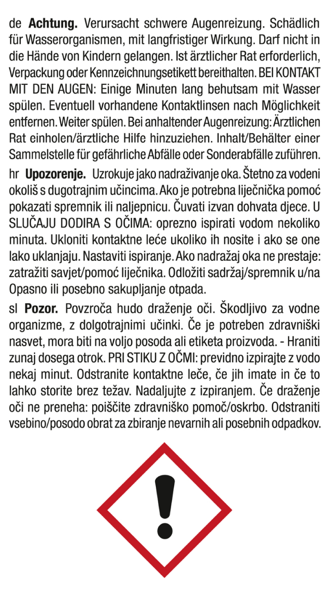 Warnhinweis mit Ausrufezeichen und Text auf Slowenisch.
