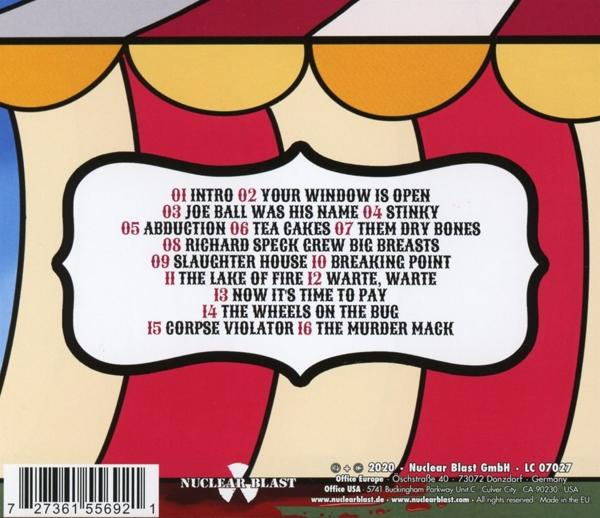 CD-Rückseite mit Songtiteln und Zirkusdesign.