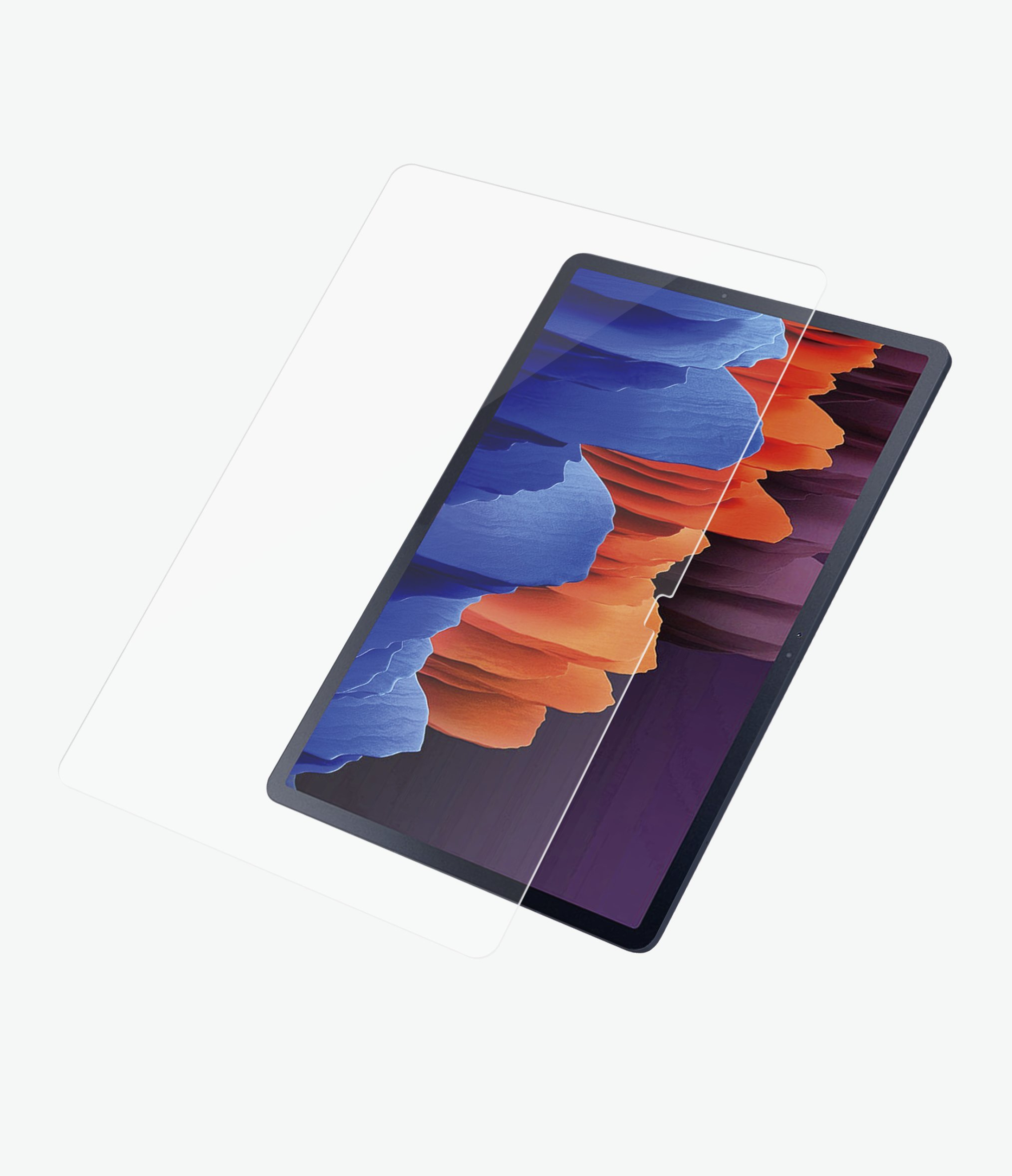 A tablet with a screen protector on top, on a white backdrop.