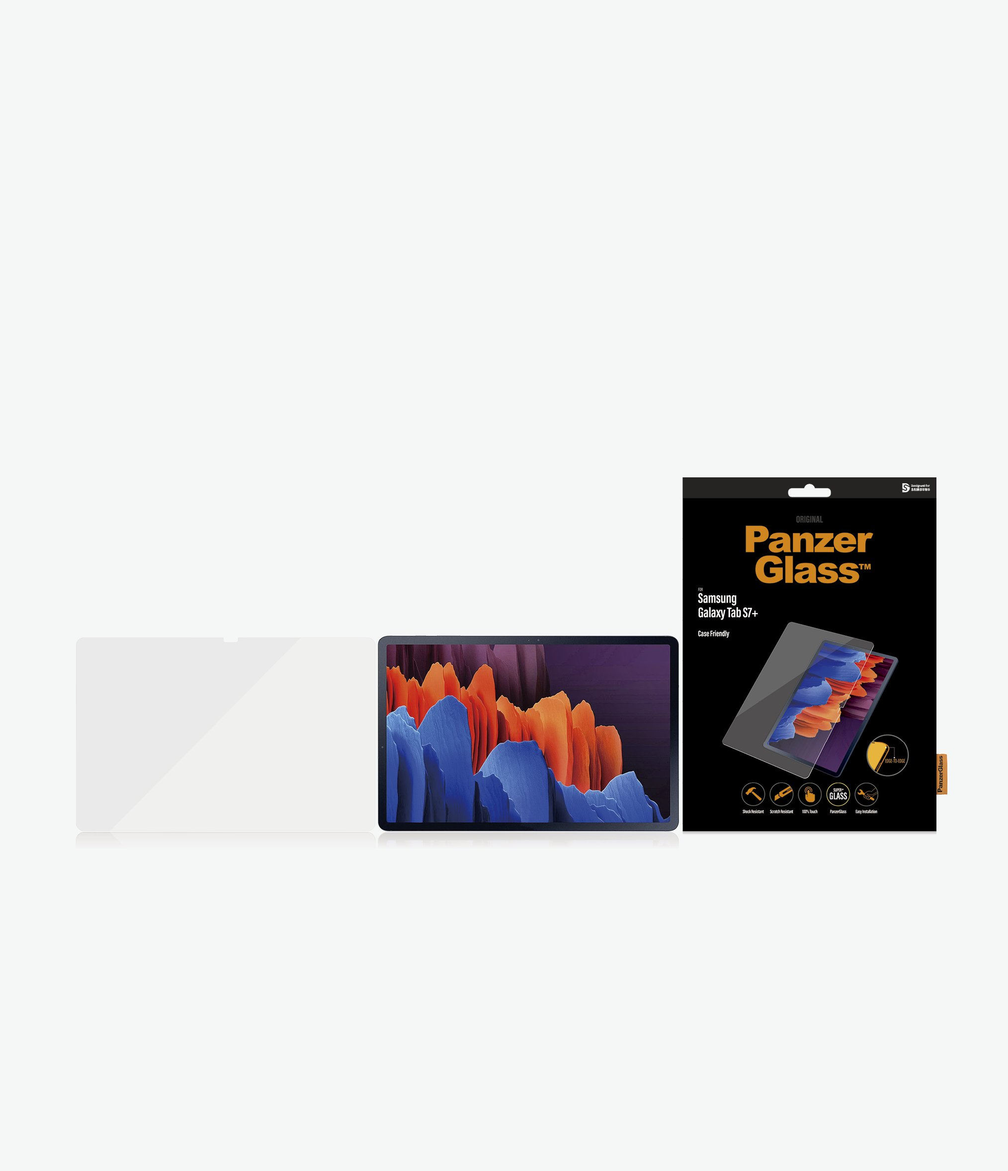 Screen protector and tablet with a box of PanzerGlass for Samsung Galaxy Tab S8+.