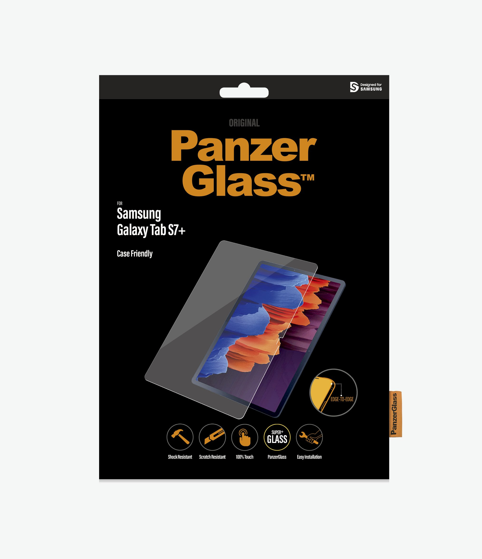 Black and yellow Panzer Glass screen protector packaging for Samsung Galaxy Tab S7+.