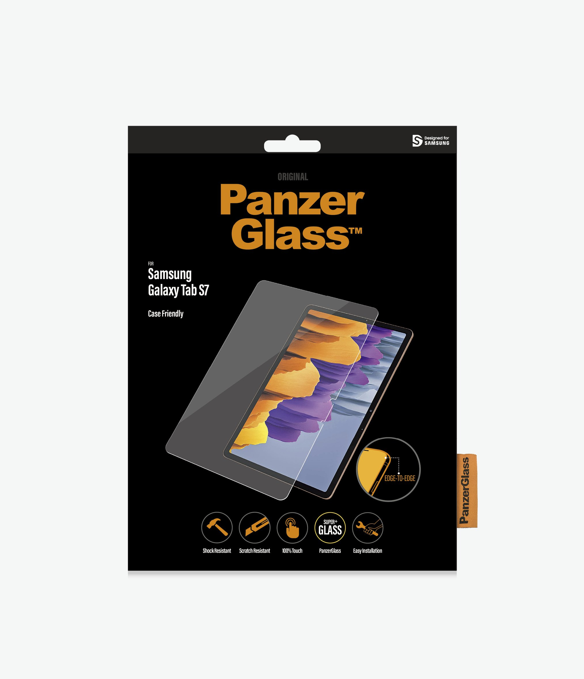 PanzerGlass screen protector package, black, with a tablet image.