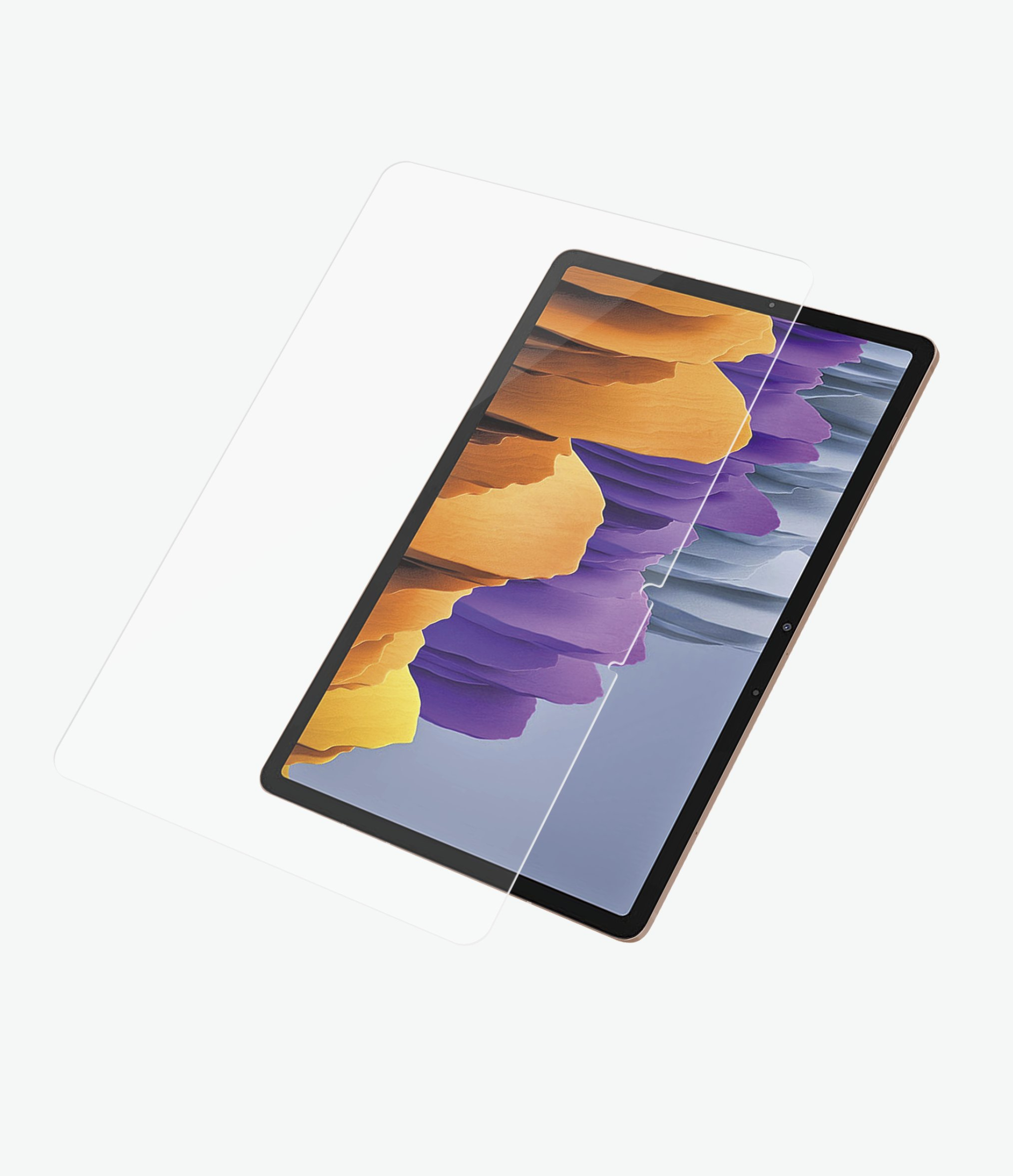 Tablet with a screen protector being applied. The tablet is golden, and the protector is clear.