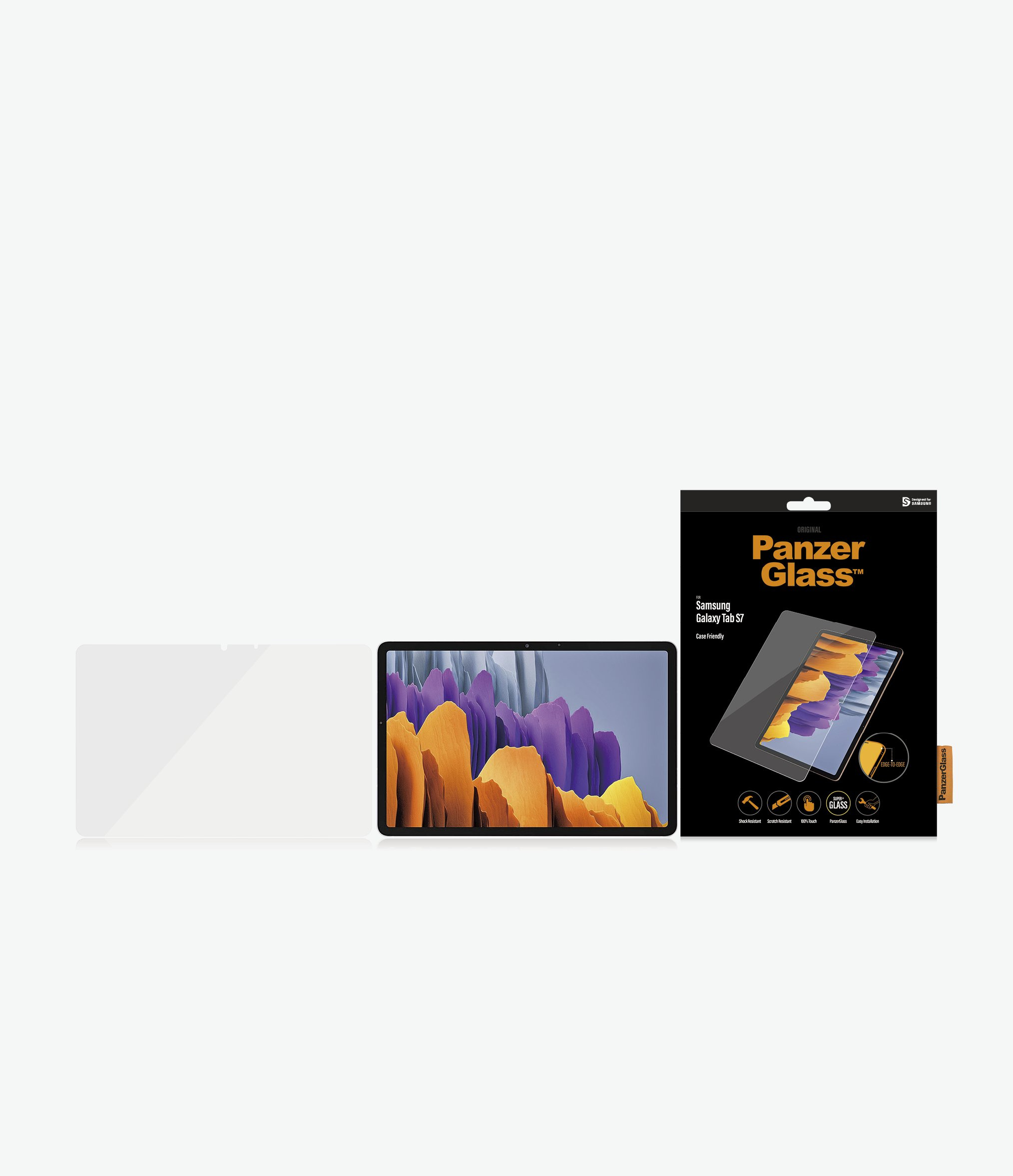 A tablet with a screen protector and its box. The protector is transparent.