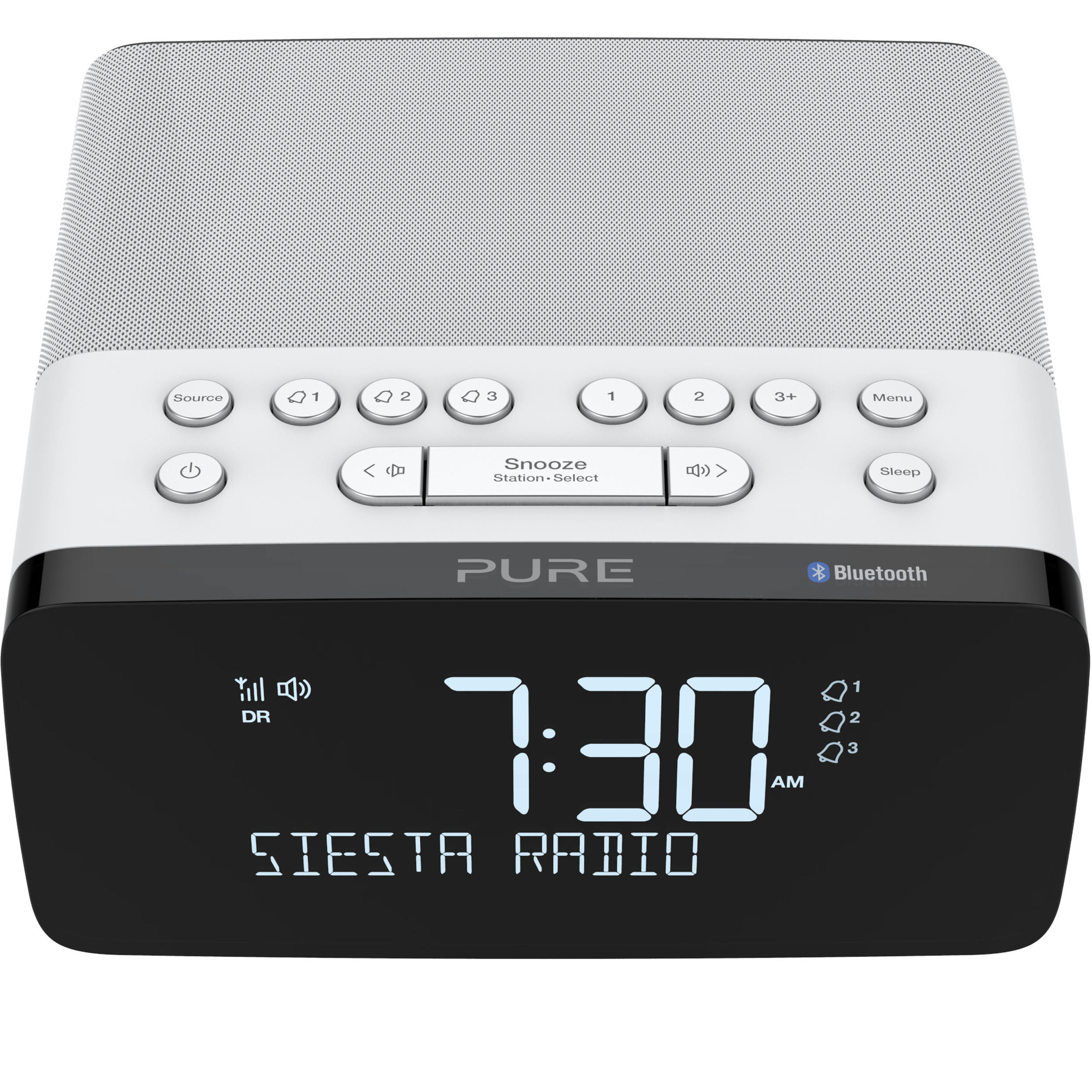 Weißes und silbernes Digitalradio mit Knöpfen und digitaler Anzeige mit 7:30 Uhr morgens.