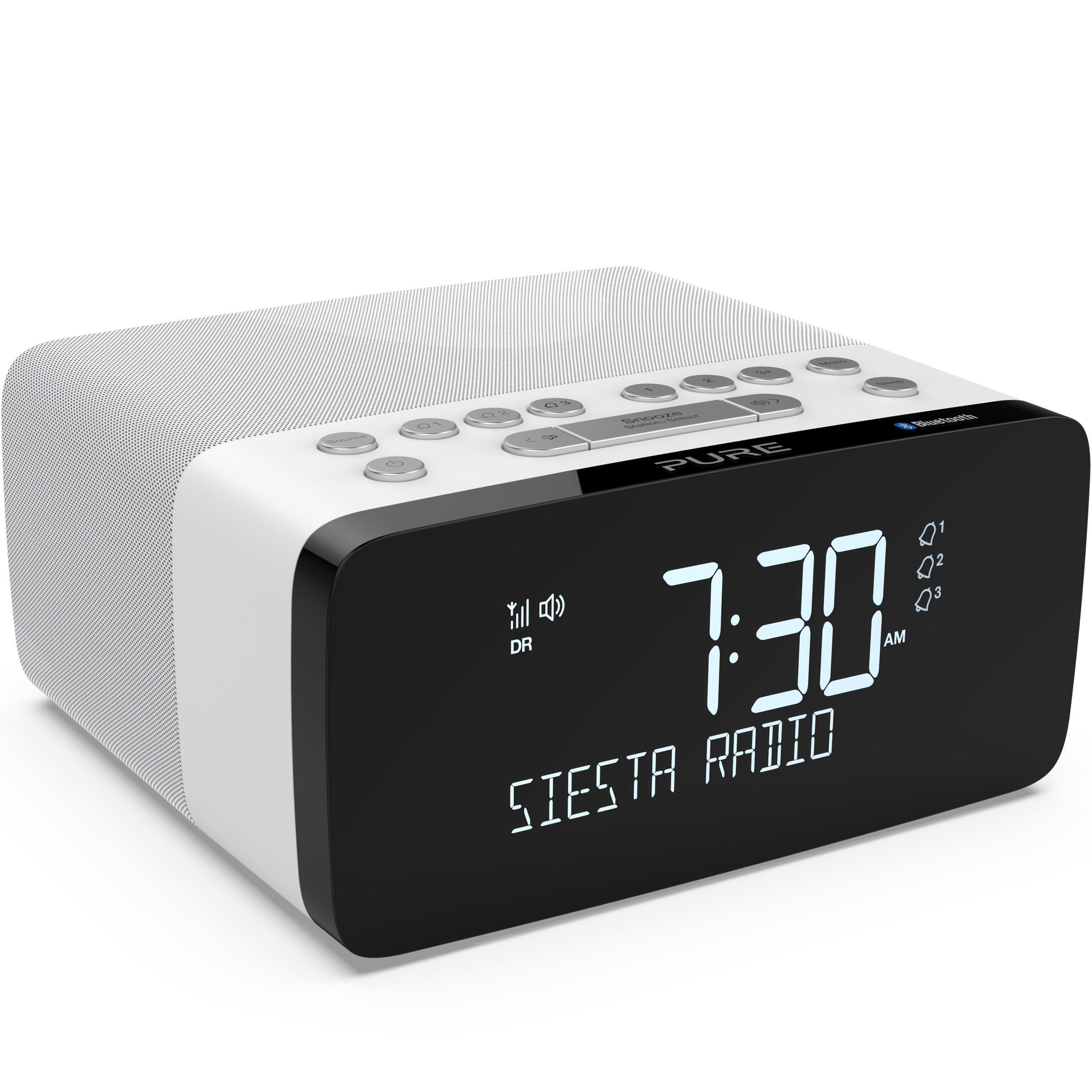 Weißer und schwarzer digitaler Wecker mit Anzeige, die die Uhrzeit und das Radio zeigt.