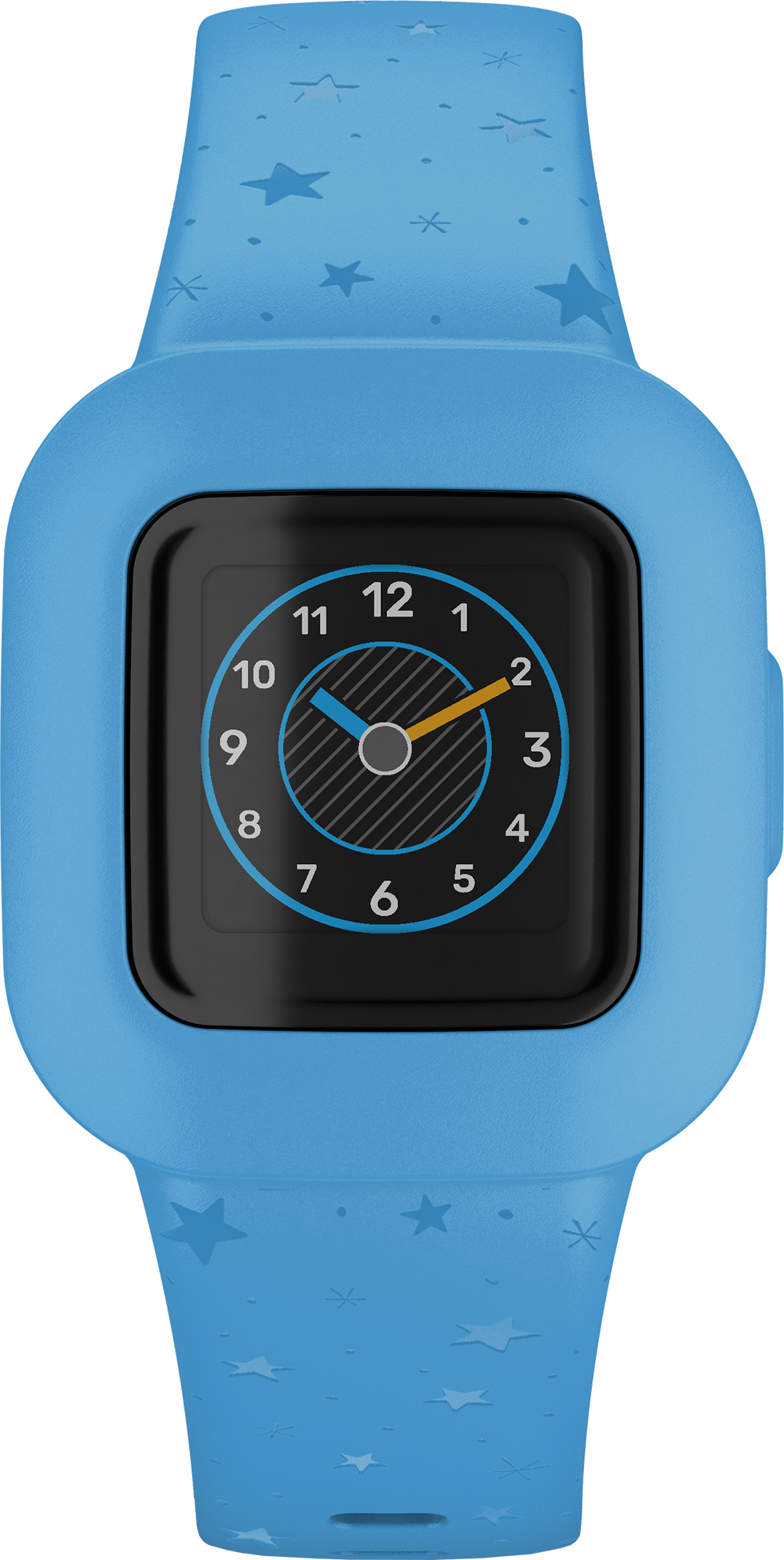 Blauw smartwatch voor kinderen met een zwart scherm met een klok. Blauwe band met sterren. Een blauwe behuizing.