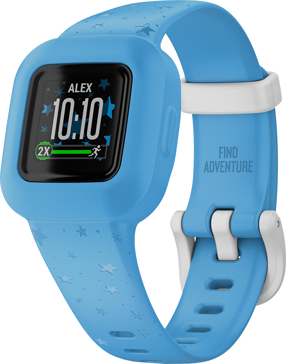 Een blauwe smartwatch voor kinderen met een witte band. Het horloge toont de tijd en een icoon van een rennende man.