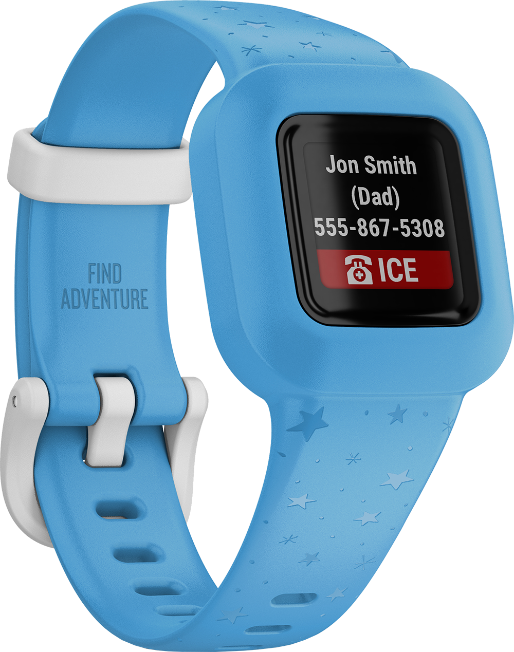 Een blauwe smartwatch met een blauwe band, met contactinfo voor een vader.