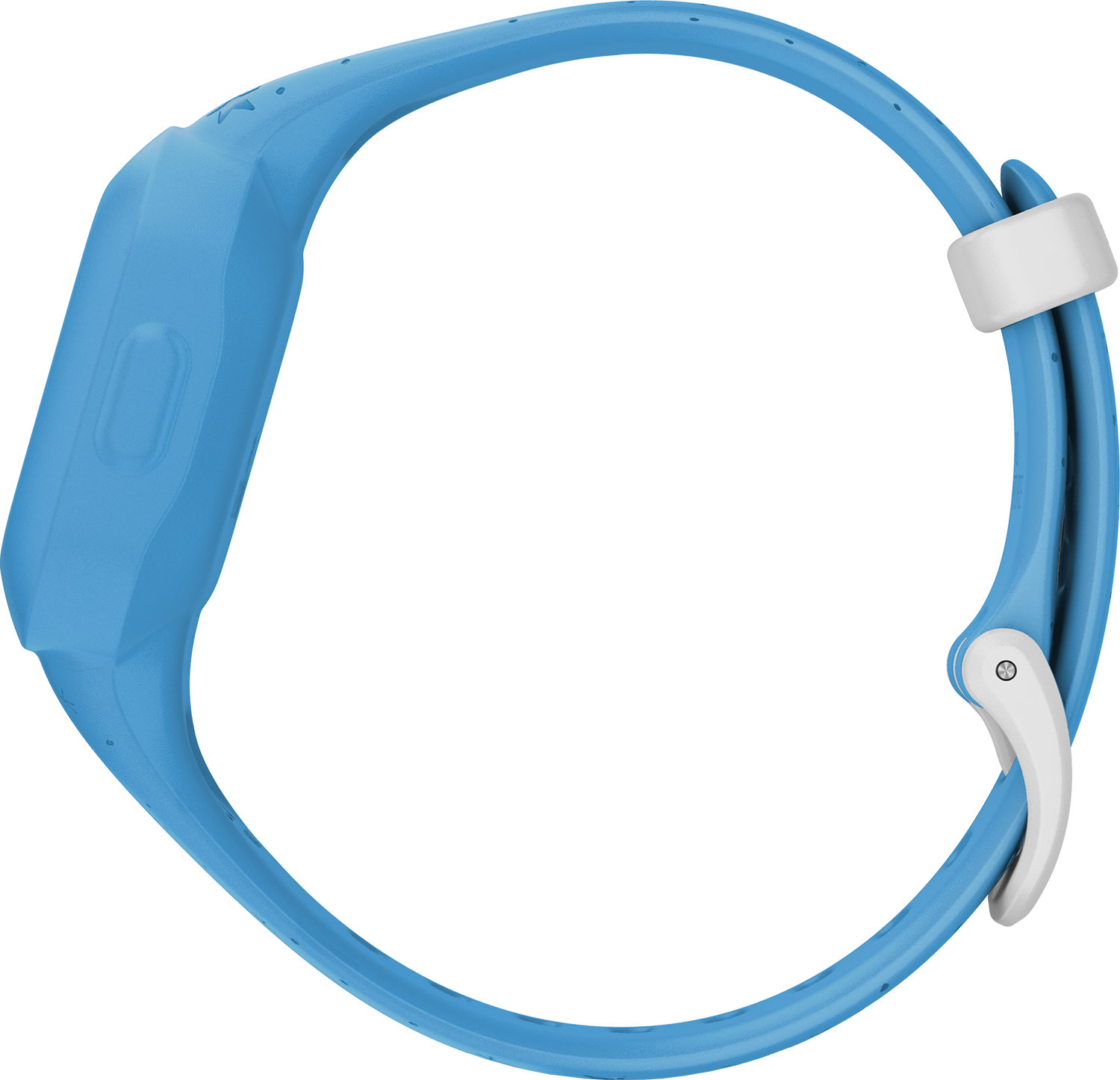 Een blauwe smartwatch met een gebogen band en witte sluiting, van opzij gezien.