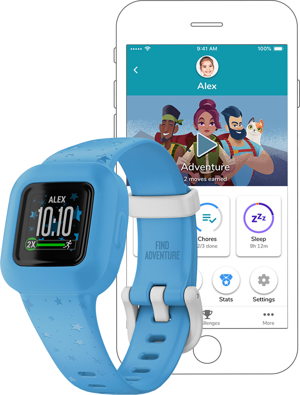 Smartwatch en telefoon die een app-interface met een cartoonafbeelding tonen.