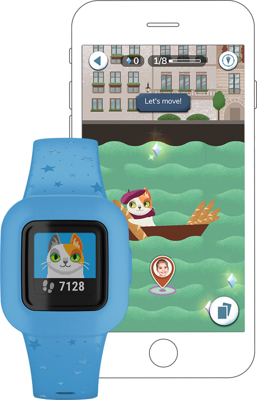 Een blauwe smartwatch toont een kattenafbeelding, verbonden met een game op een telefoon.