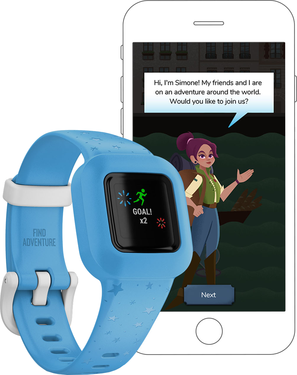 Een blauwe smartwatch voor kinderen met een scherm dat een spel en een smartphone toont.