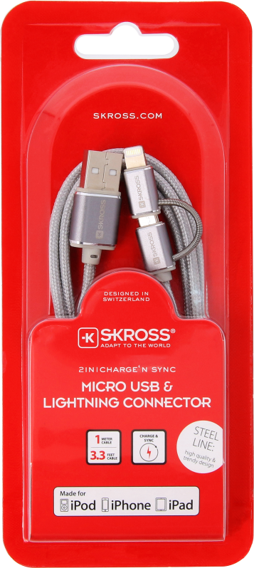 Piros csomagolás, egy ezüst 2 az 1-ben Micro USB és Lightning kábellel. Szöveg a csomagoláson.