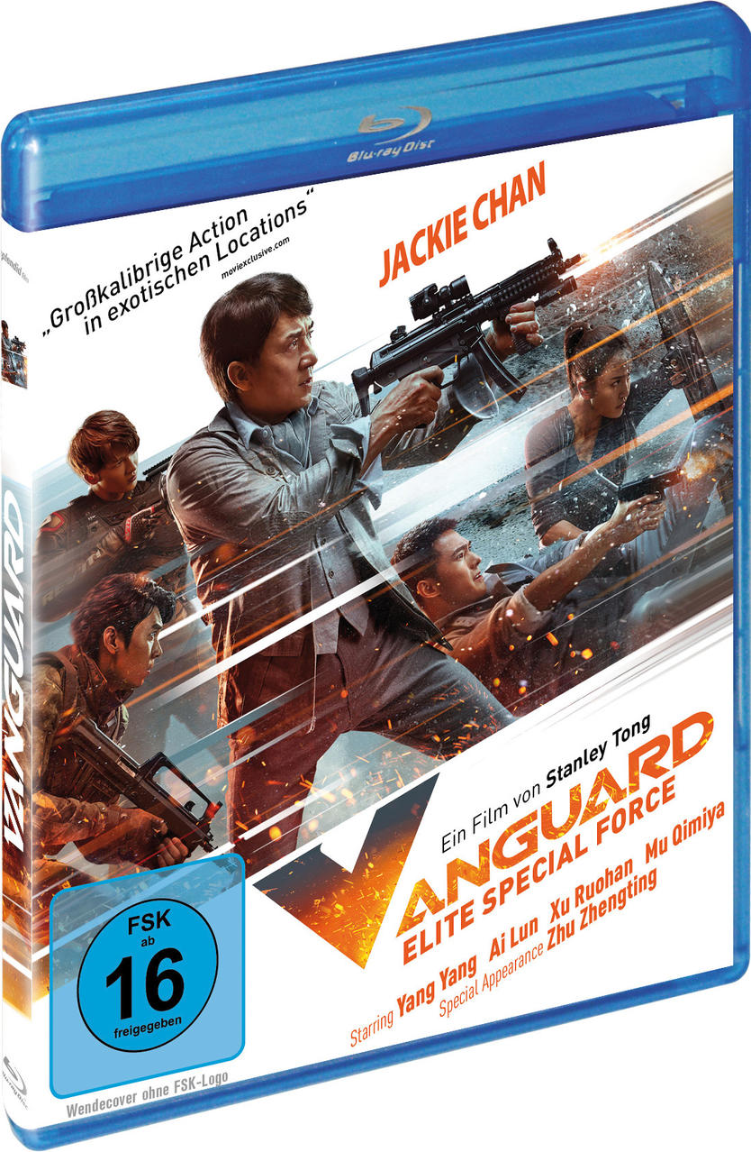 Blu-ray-Filmcover mit Jackie Chan, Waffen und Action-Szenen. Deutscher Text und Bewertung.