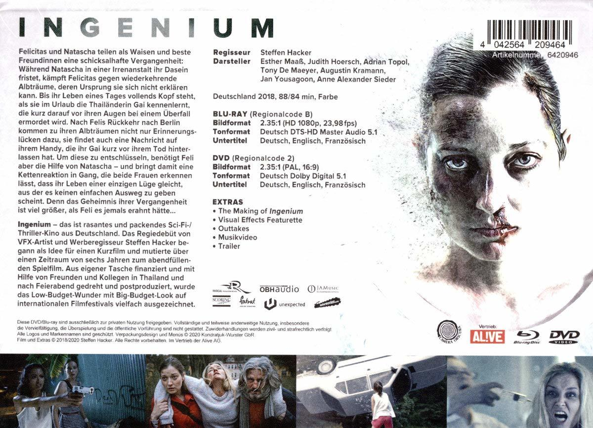 Rückseite einer DVD mit Text und Bildern, Frauengesicht mit Schnitt.