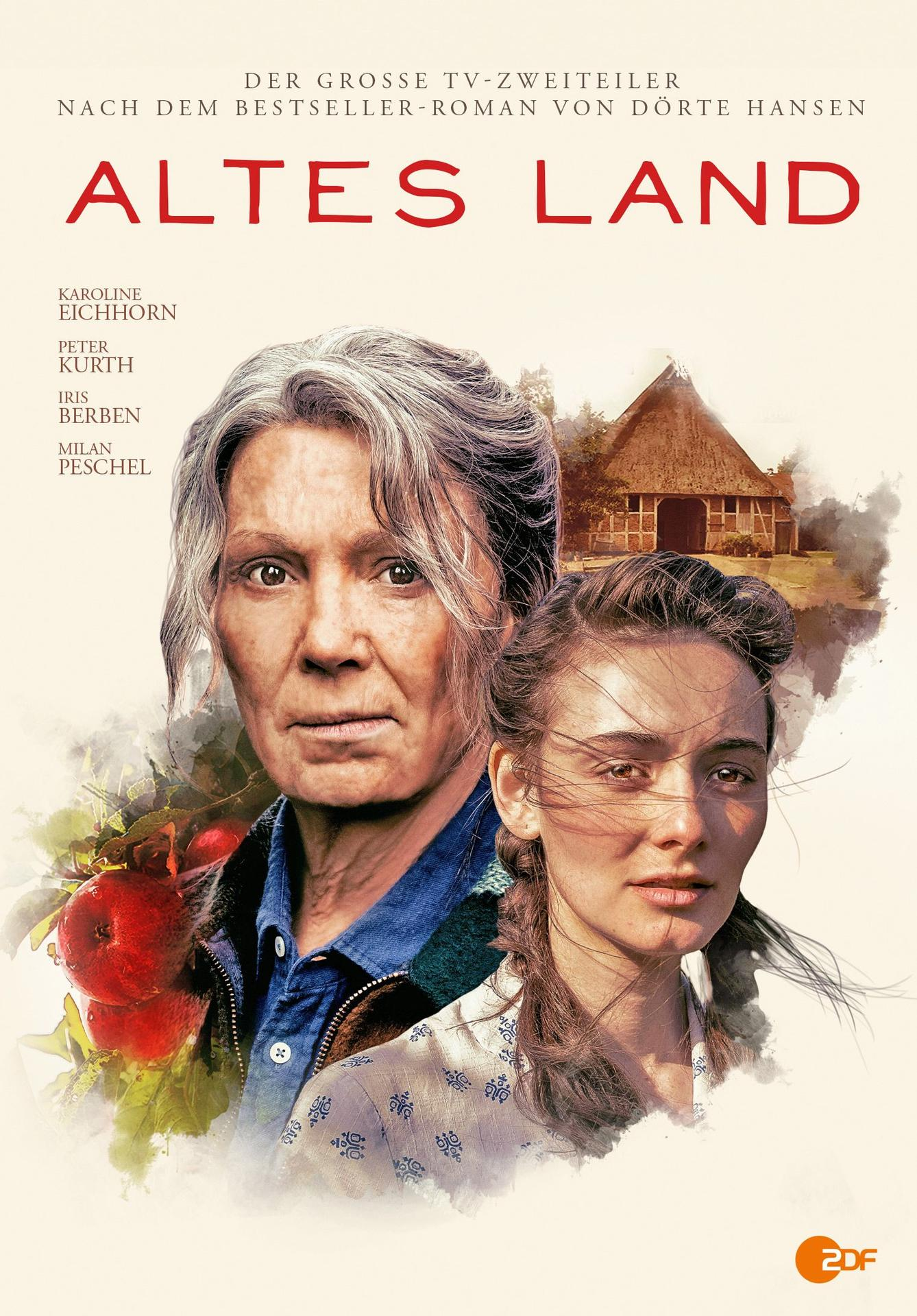 Filmplakat für 'Altes Land': Zwei Frauen schauen den Betrachter an. Äpfel und ein Haus im Hintergrund.