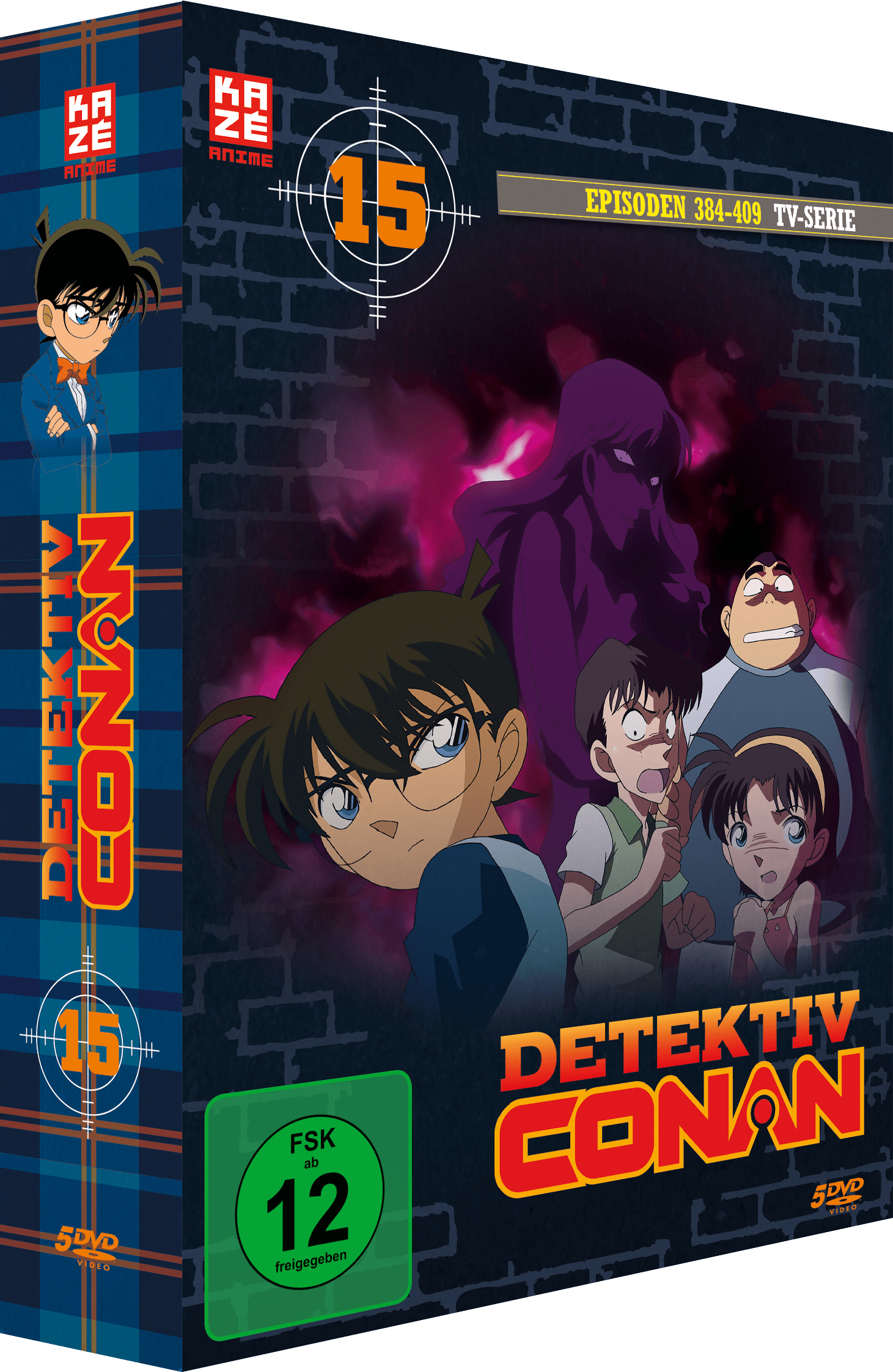 Detective Conan Box-Set mit bunten Charakteren vor Ziegelhintergrund.