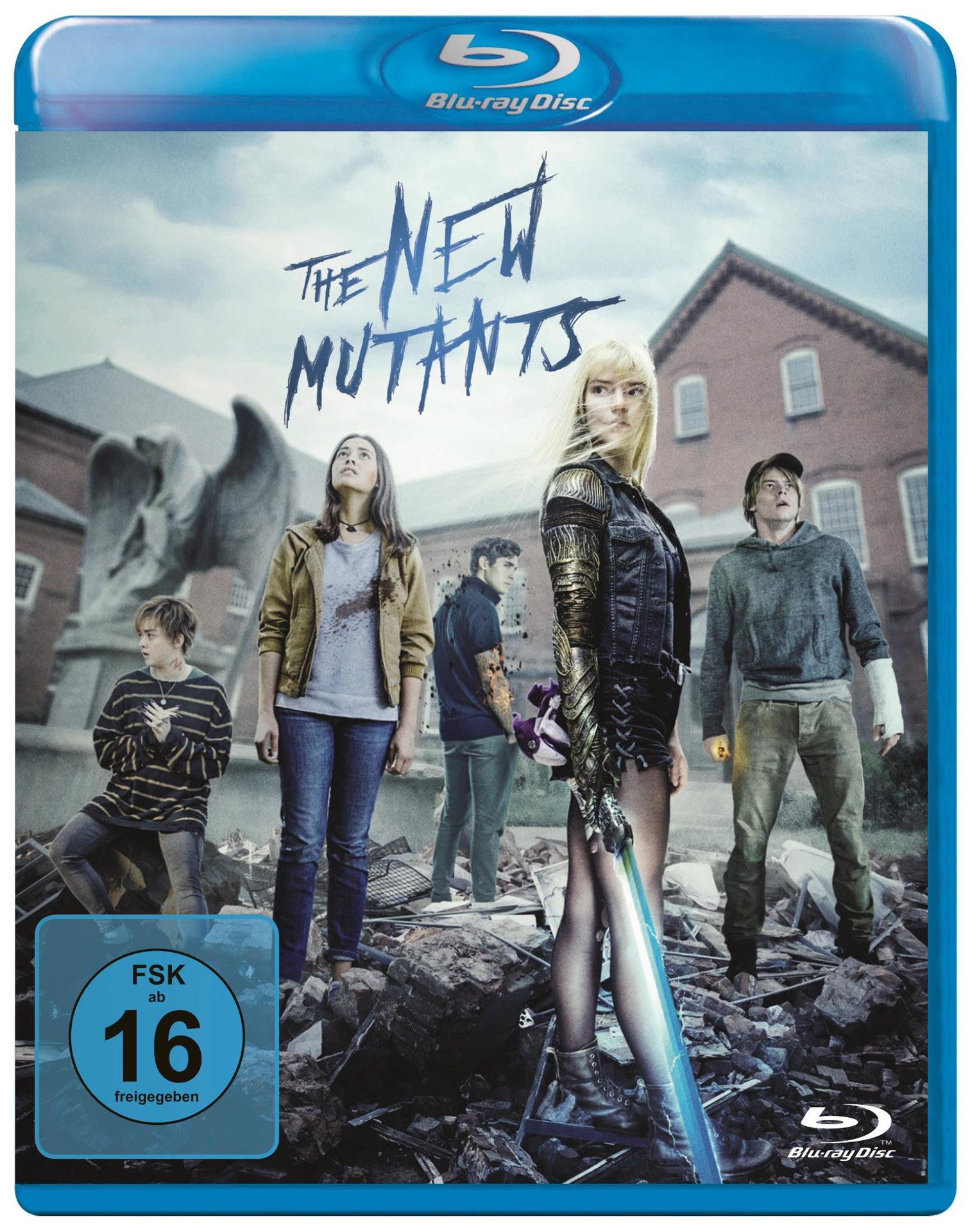 Blu-ray-Disc-Cover des Films 'The New Mutants'. Fünf Personen vor einem Gebäude.