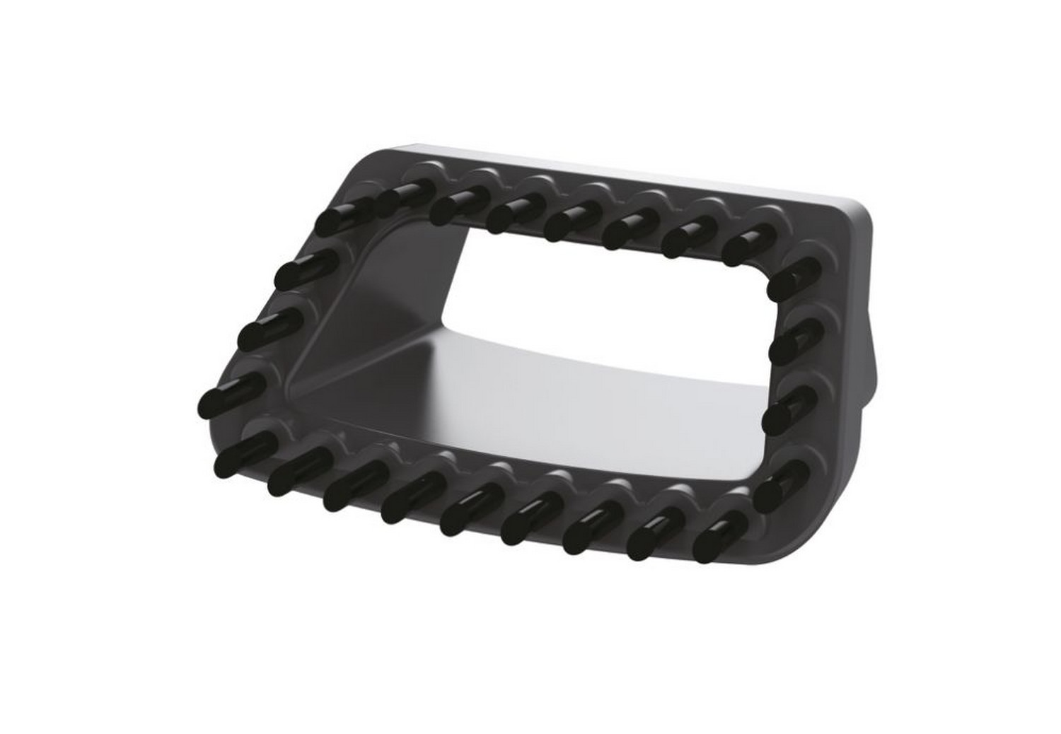 Herramienta gris para eliminar el vello con muchas cerdas negras cortas.