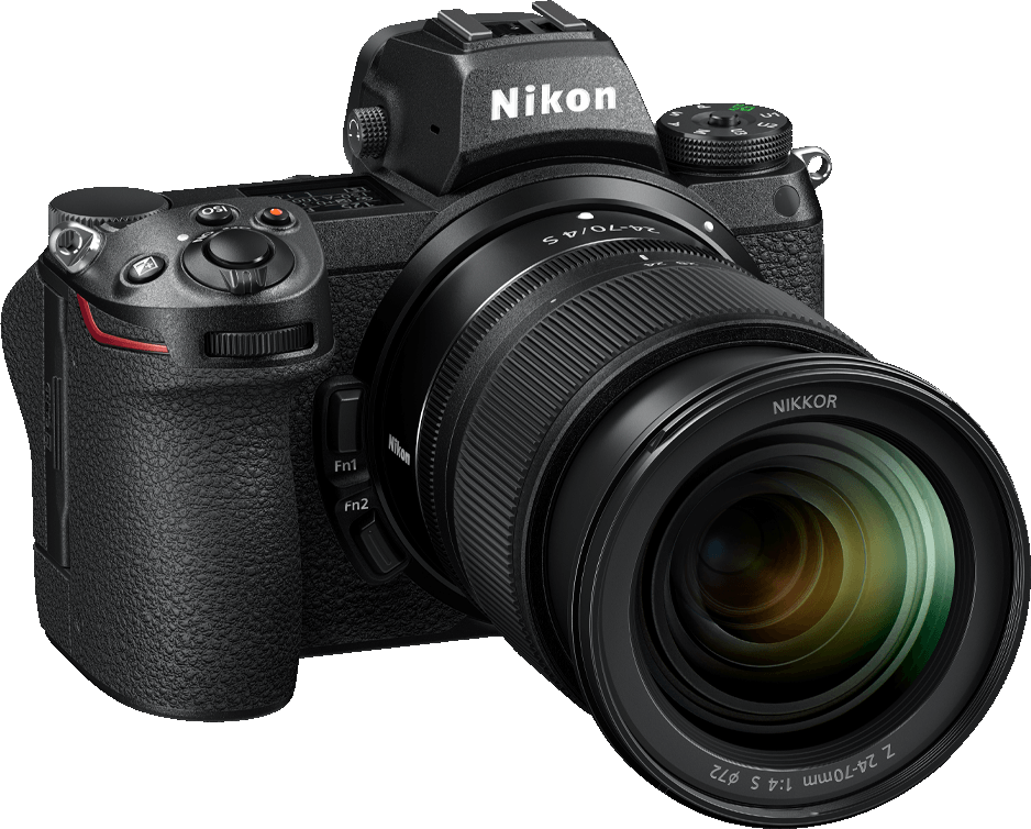 Appareil photo Nikon noir avec objectif. Vue de dessus, montrant l'objectif, les commandes et la marque Nikon. Fond noir.
