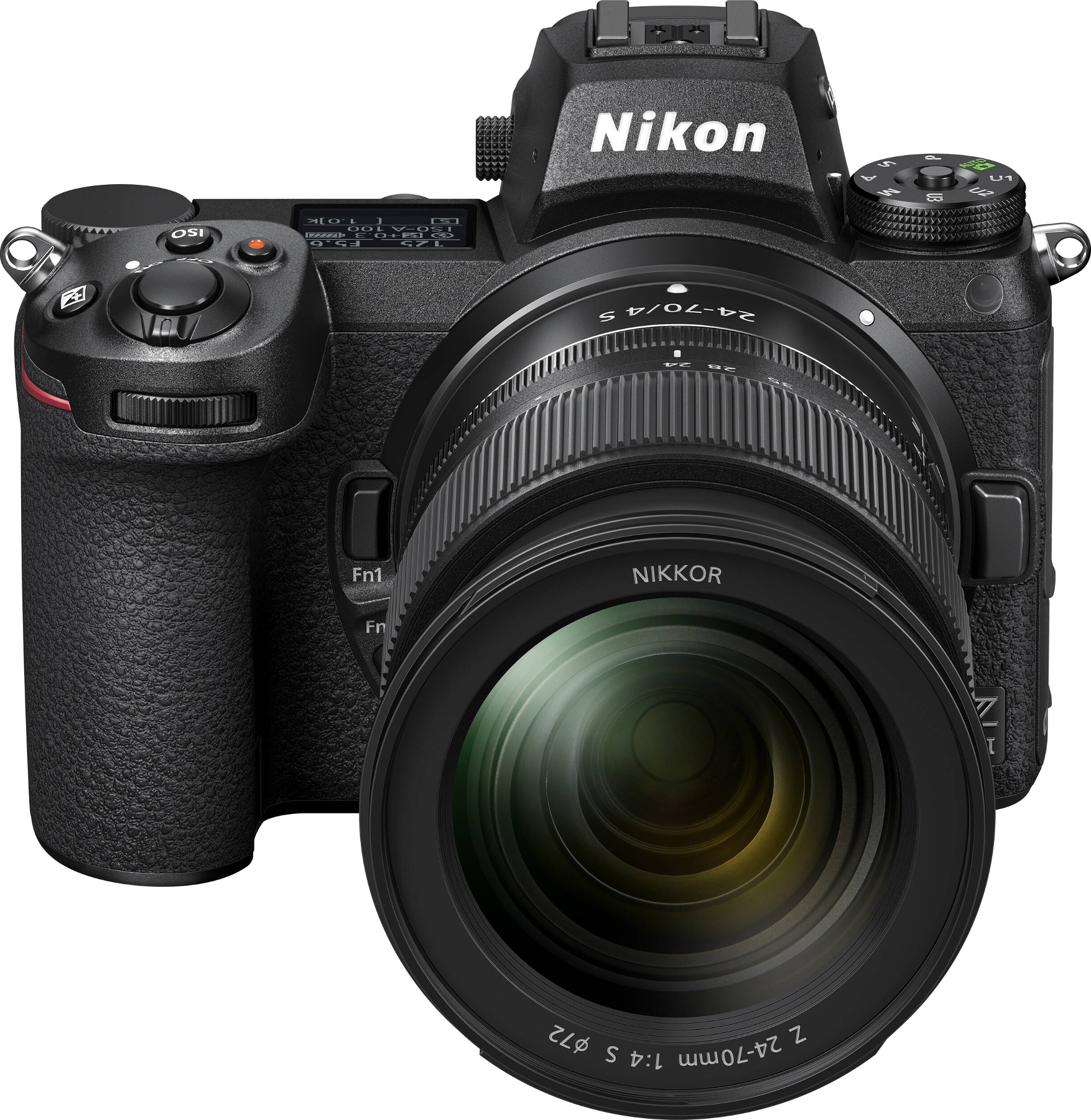 Appareil photo Nikon avec objectif. Corps noir, grand objectif et boutons.