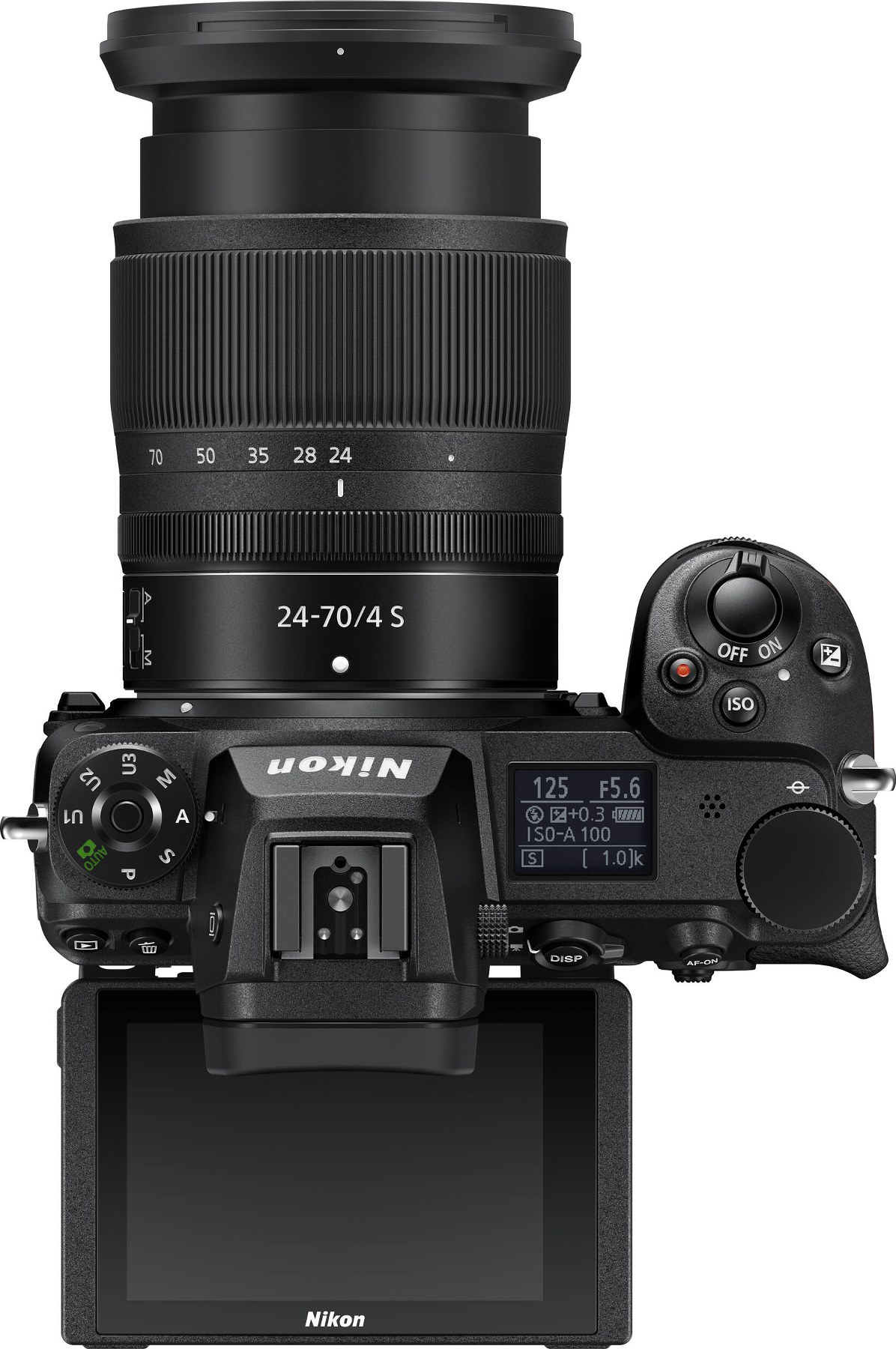 Vue de dessus d'un appareil photo Nikon avec objectif, montrant les commandes supérieures et l'écran LCD.