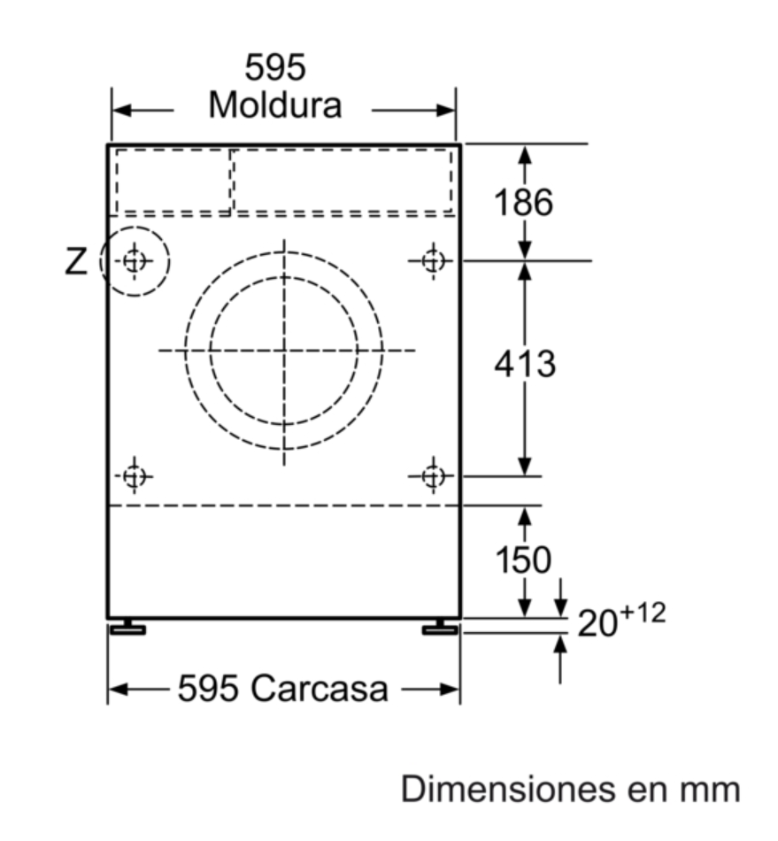 Dibujo técnico de una lavadora. Dimensiones se muestran sobre fondo blanco.