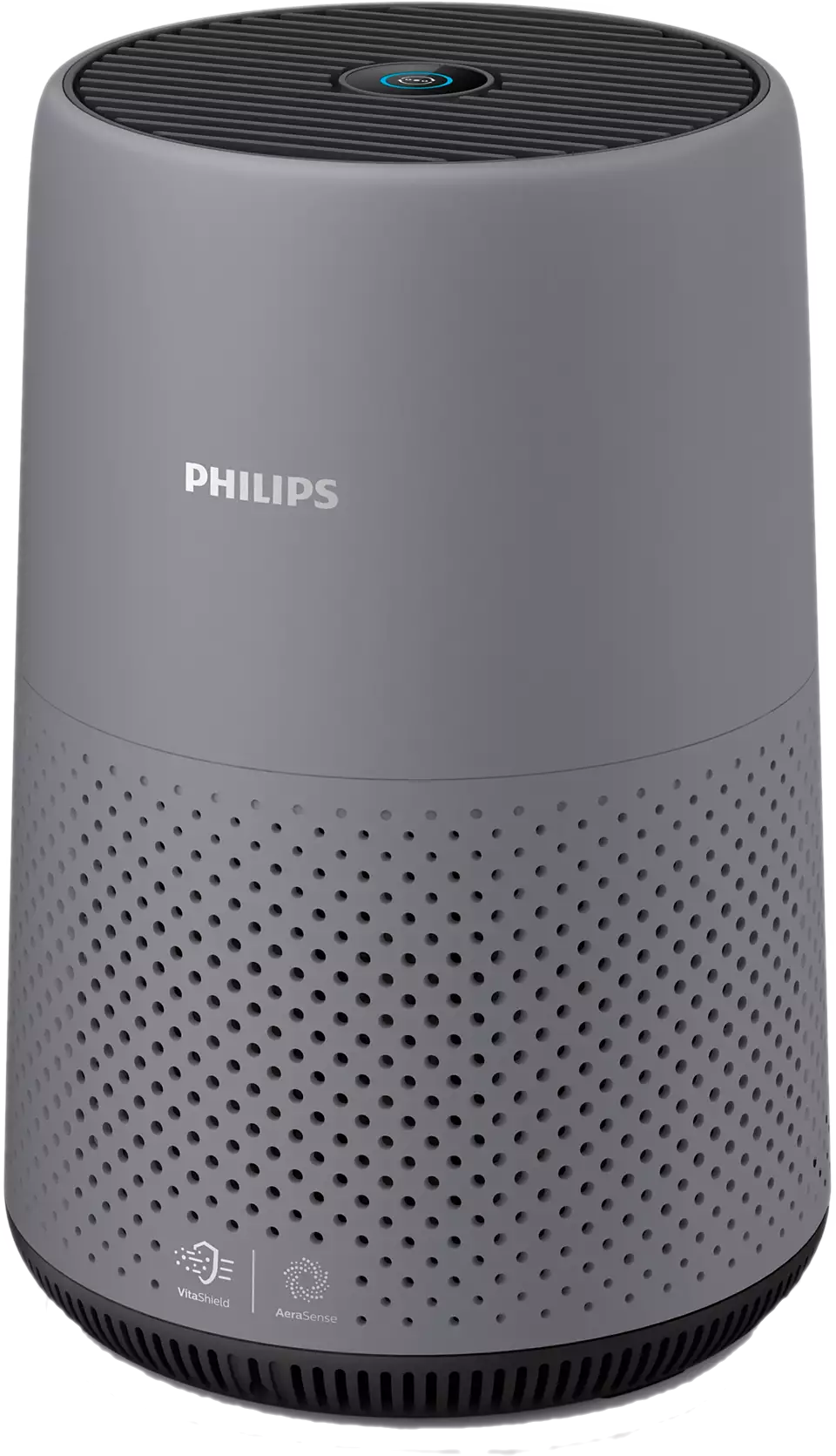 Szürke Philips légtisztító henger alakú testtel és fekete alappal.