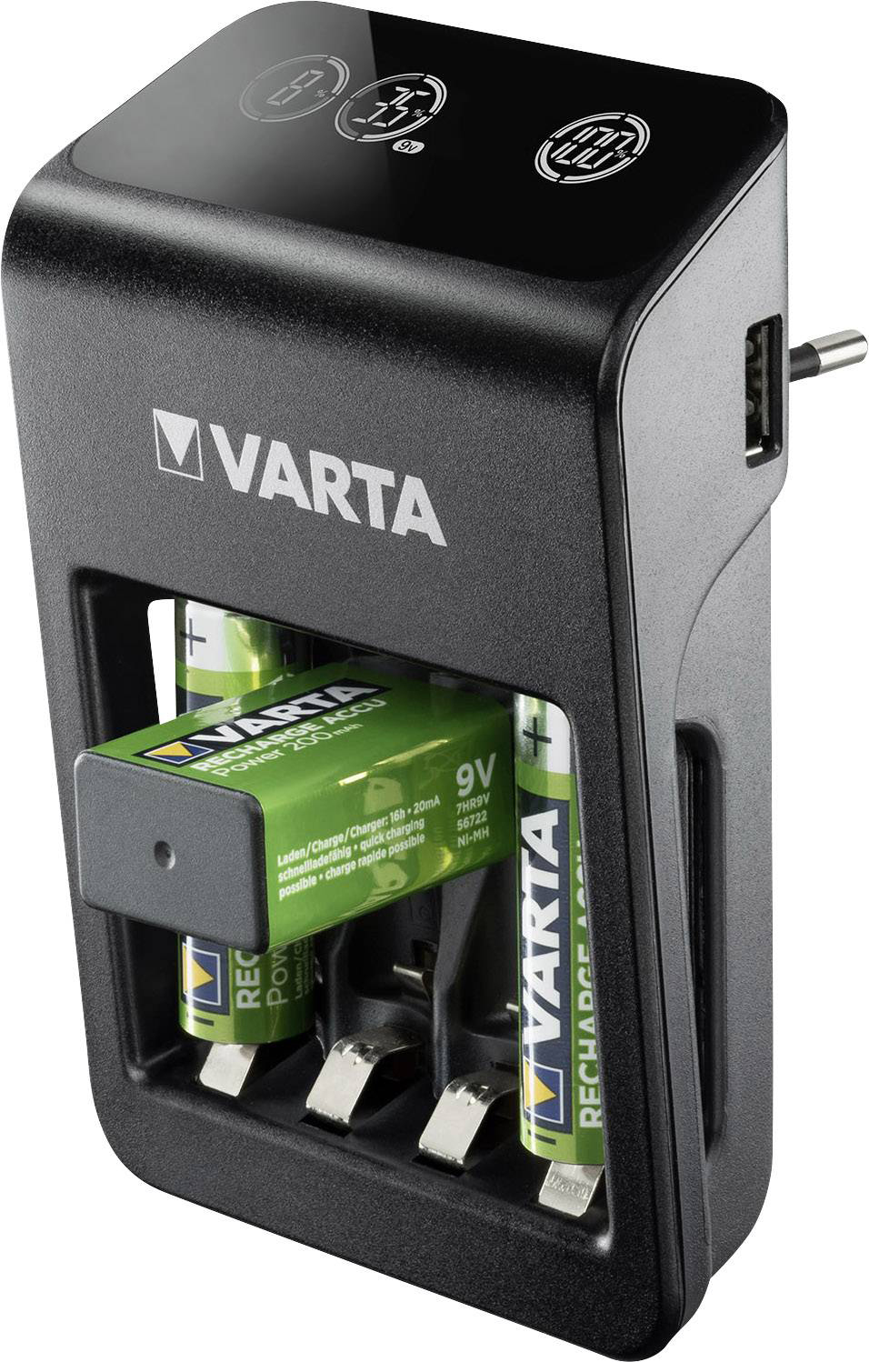 Fekete Varta akkumulátortöltő akkumulátorokkal. Töltőnyílásokkal és USB-porttal rendelkezik.