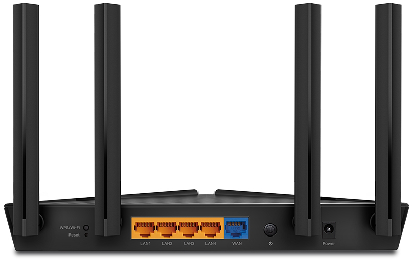 Fekete router hátulja antennákkal, portokkal és bekapcsológombbal.