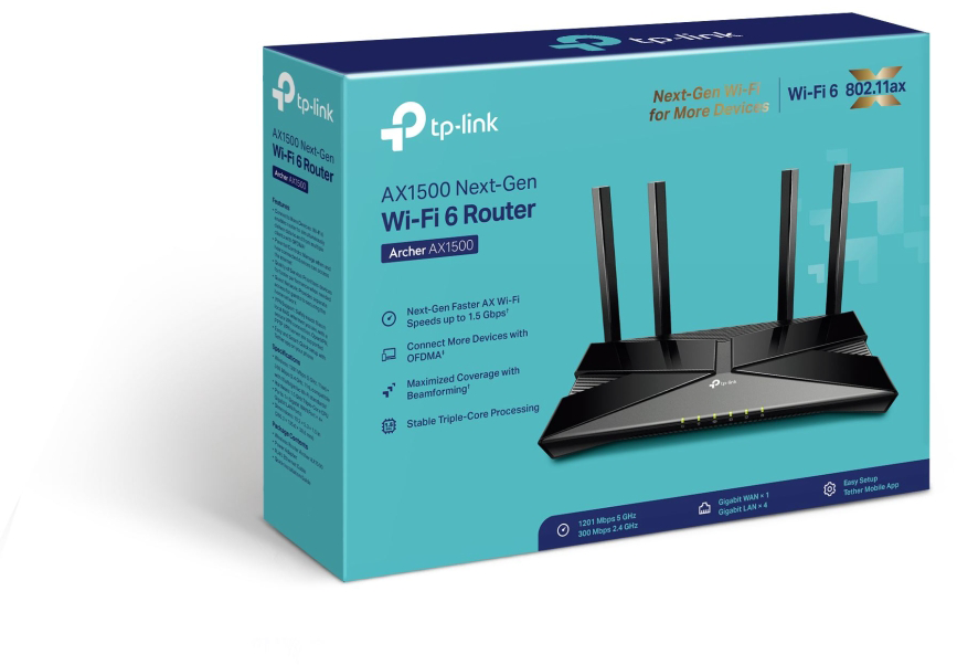 Wi-Fi 6 router doboz, fekete router antennákkal és szöveges részletekkel.