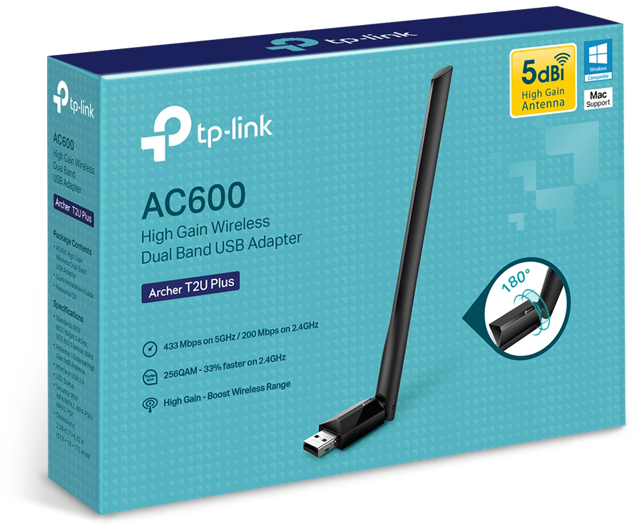Tp-link AC600 WiFi adapter dobozban. Az adaptert mutatja egy antennával.