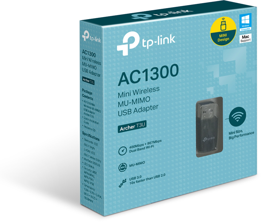 Tp-link AC1300 mini vezeték nélküli USB adapter doboza, szöveggel és maga az adapter.