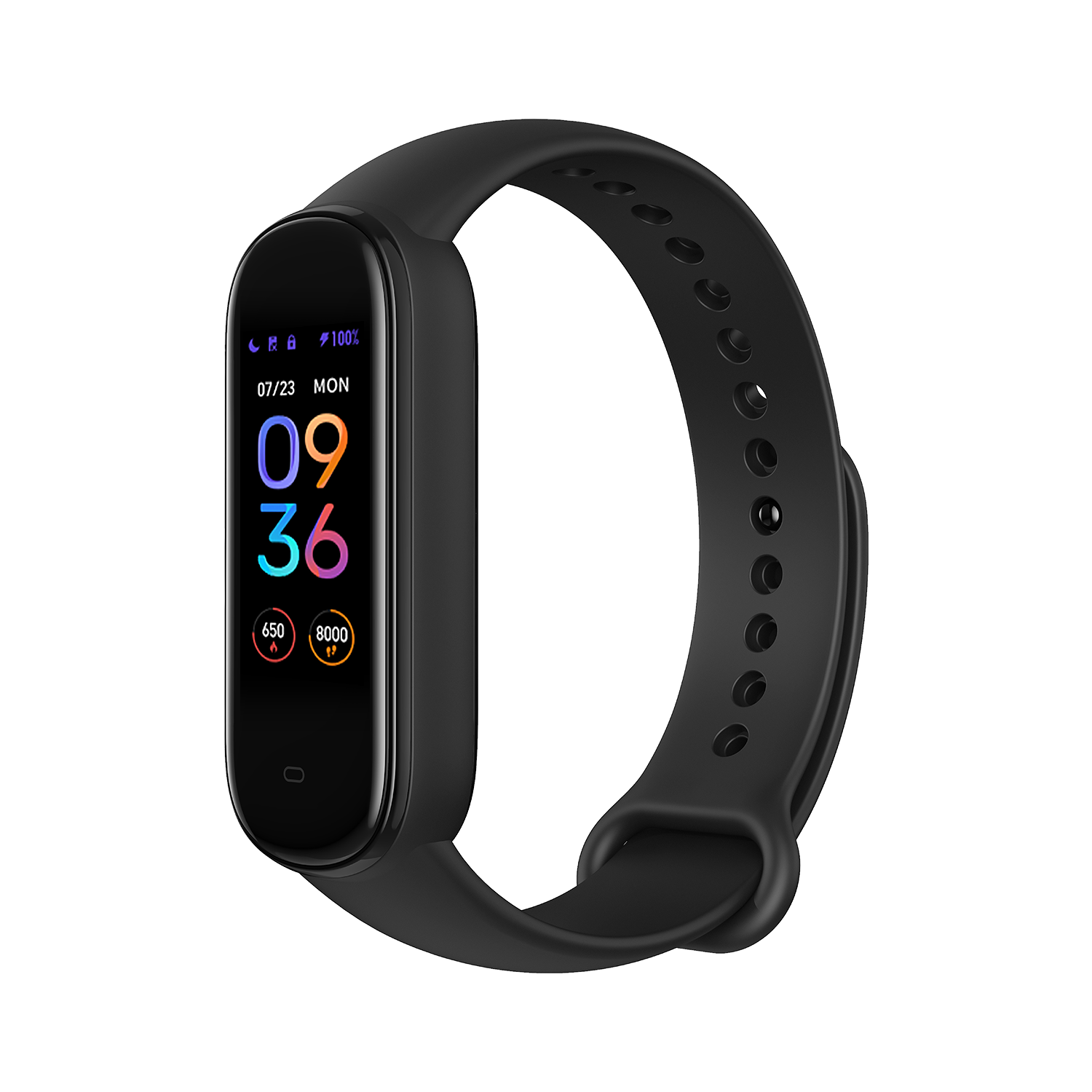 Rastreador de fitness negro con correa negra. La pantalla muestra la hora y métricas de salud.