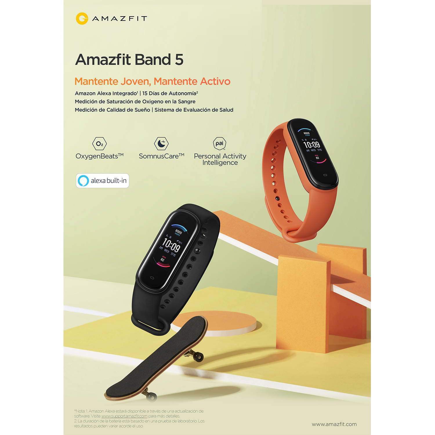 Amazfit Band 5, rastreadores de fitness negros y naranjas, y texto promocional.