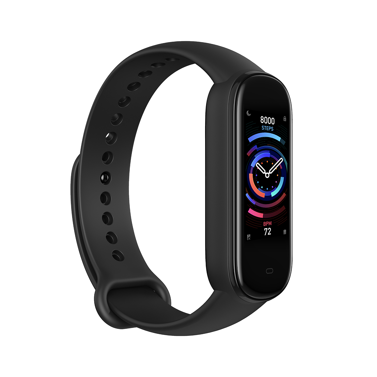 Un reloj inteligente negro que muestra una pantalla con la hora, pasos y frecuencia cardíaca.